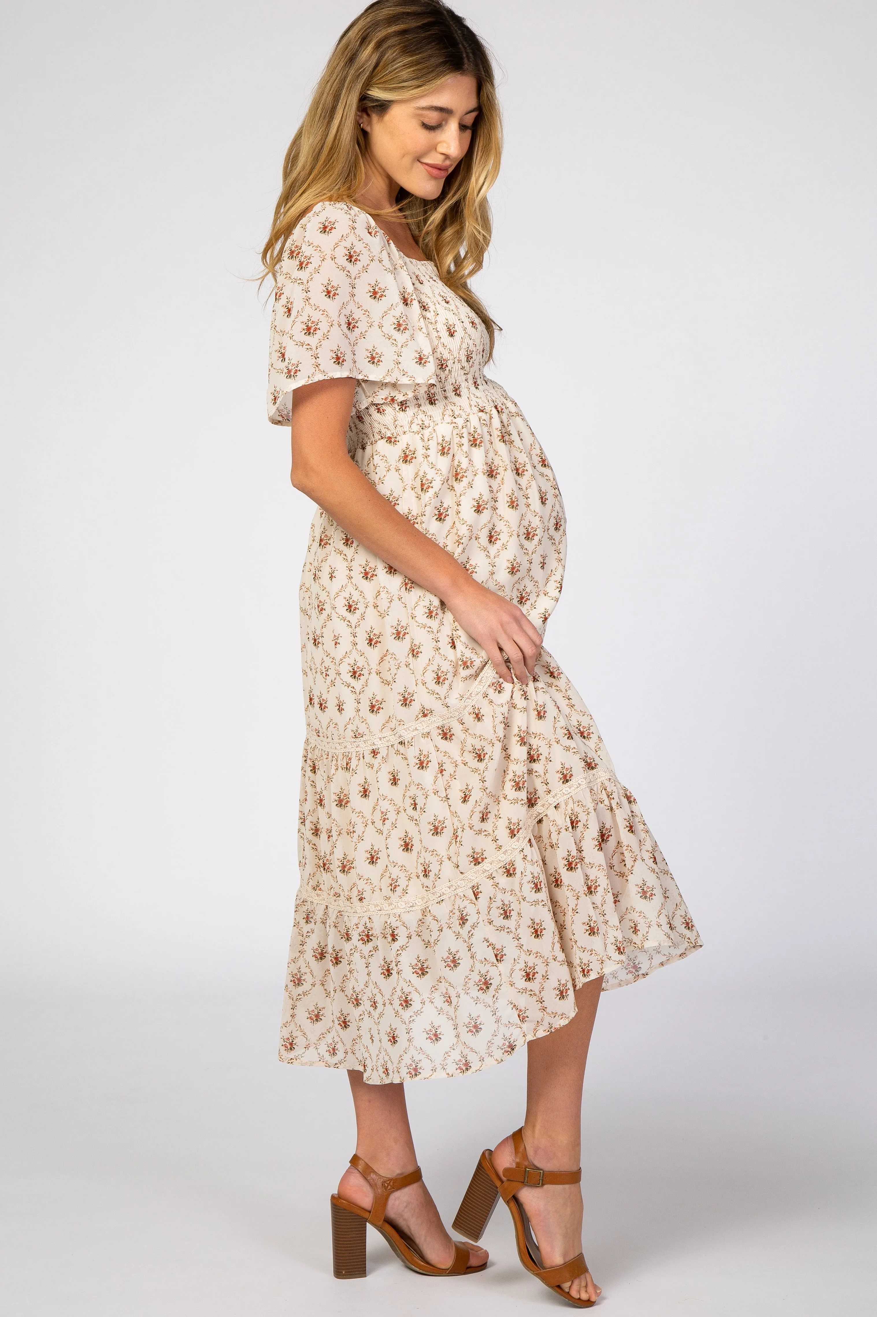 Ivory Floral Chiffon Smocked Front Lace Trim Maternity Midi Dress sold by Pinkblush product image thumbnail 2