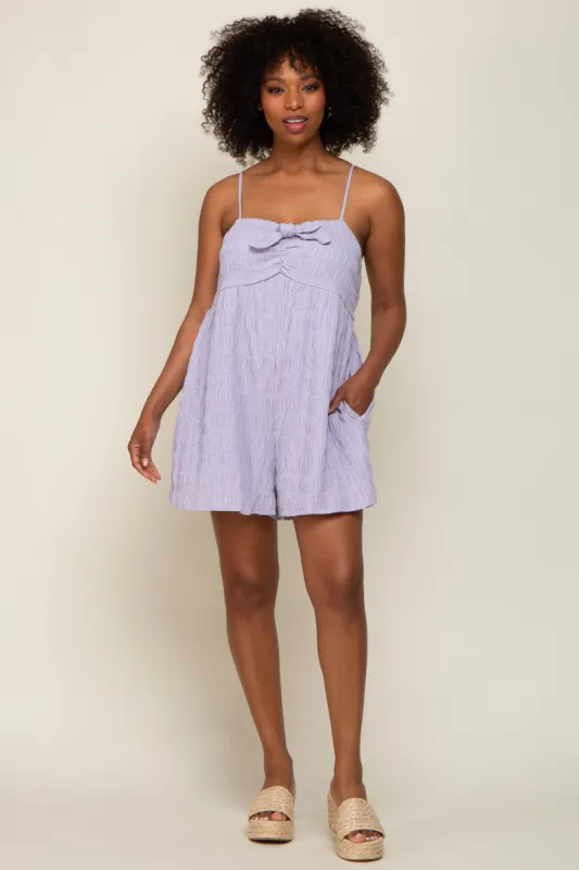Lavender Mini Gingham Smocked Front Tie Romper sold by Pinkblush