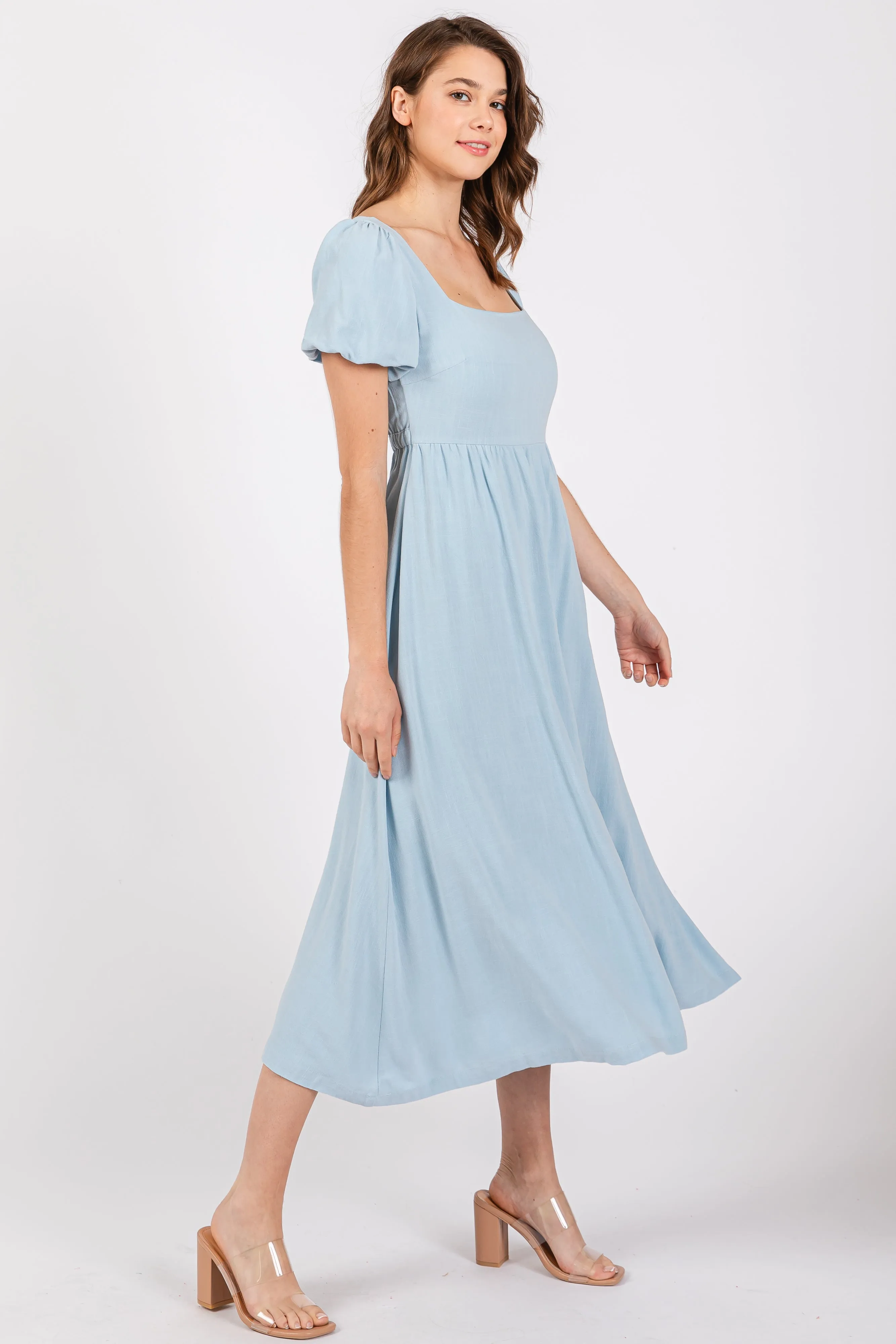Light Blue Puff Sleeve Linen Midi Dress sold by Pinkblush product image thumbnail 2