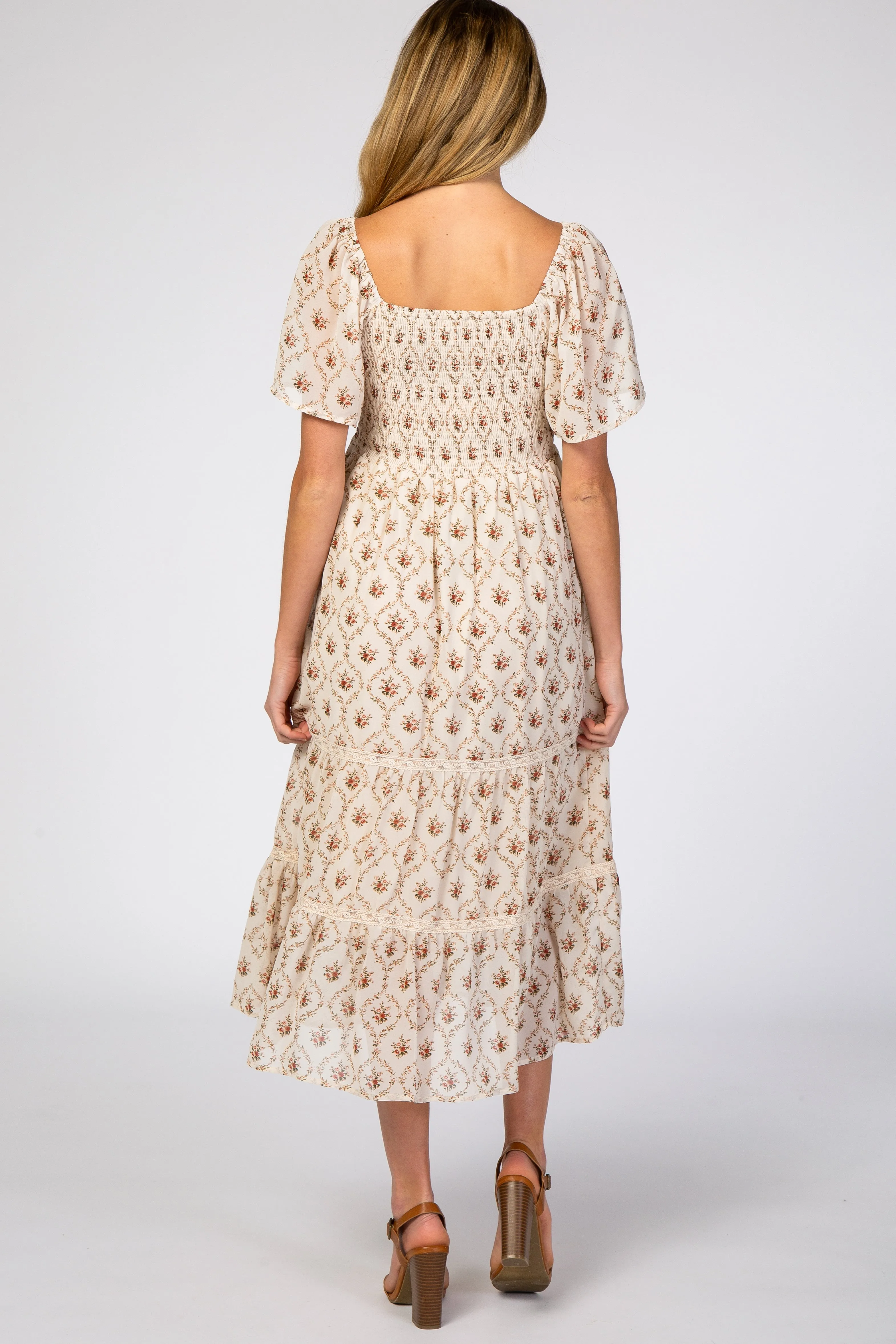 Ivory Floral Chiffon Smocked Front Lace Trim Maternity Midi Dress sold by Pinkblush product image thumbnail 3