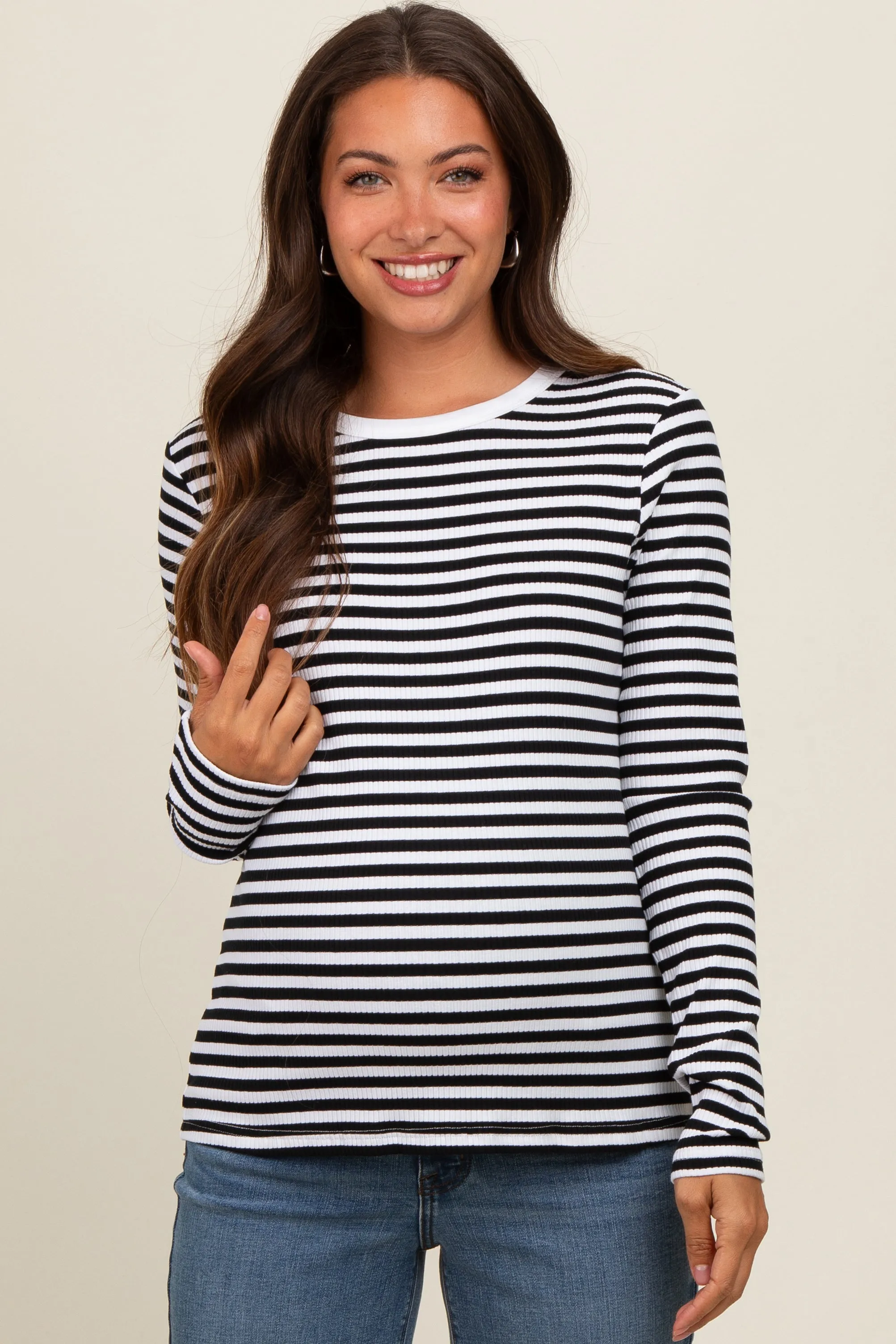 Black Striped Long Sleeve Ribbed Maternity Top sold by Pinkblush