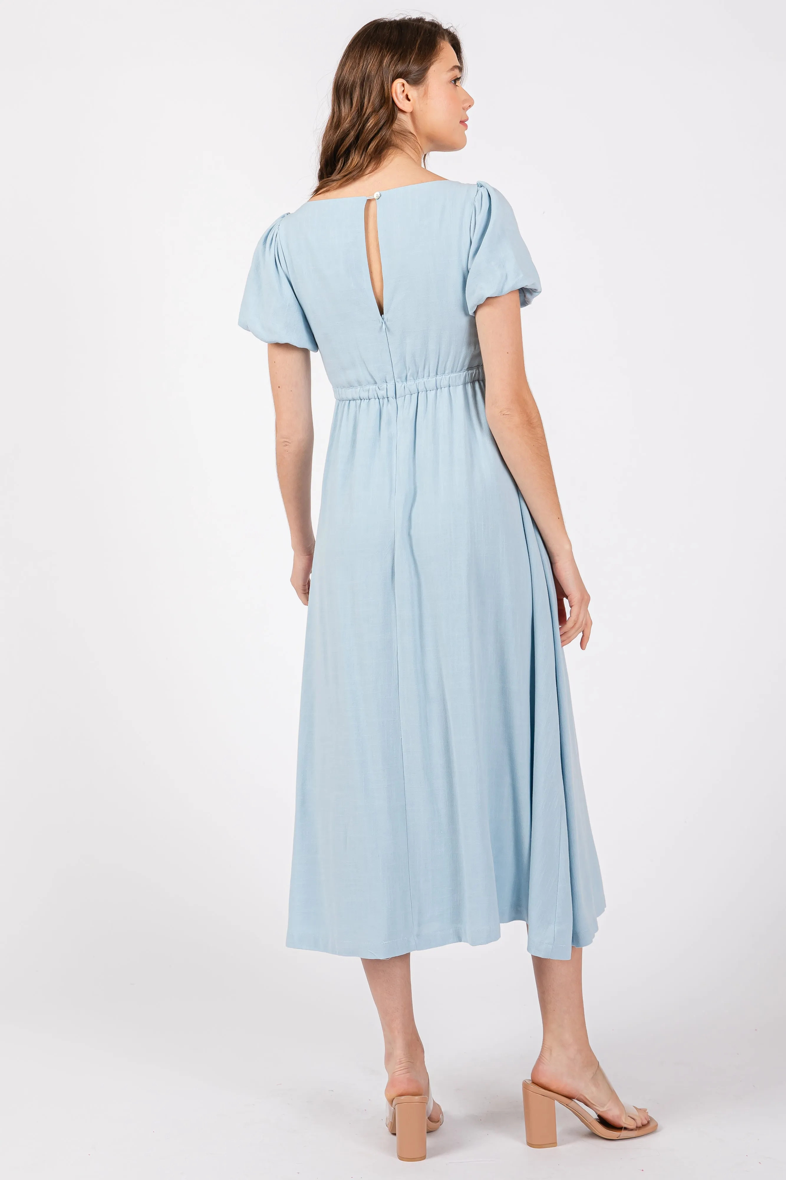 Light Blue Puff Sleeve Linen Midi Dress sold by Pinkblush product image thumbnail 3
