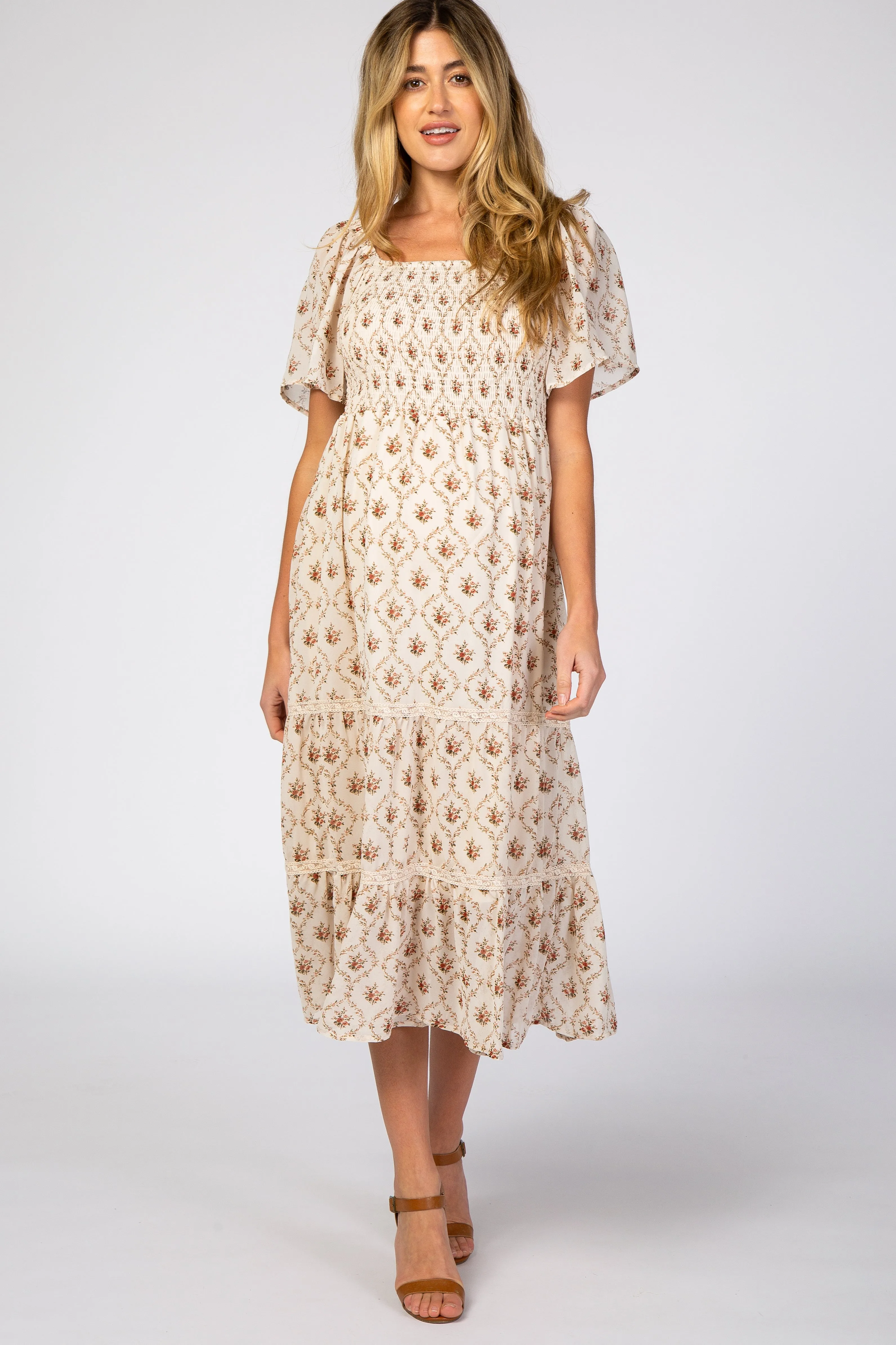 Ivory Floral Chiffon Smocked Front Lace Trim Maternity Midi Dress sold by Pinkblush