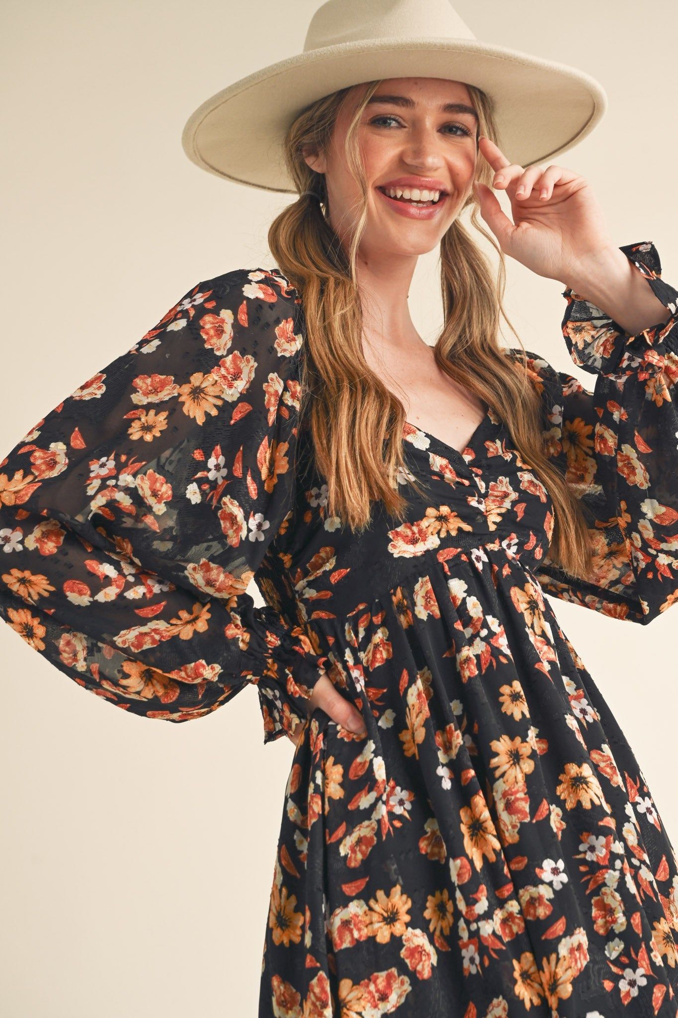 Black Multi Floral Print Balloon Sleeve Mini Dress sold by Pinkblush product image thumbnail 5