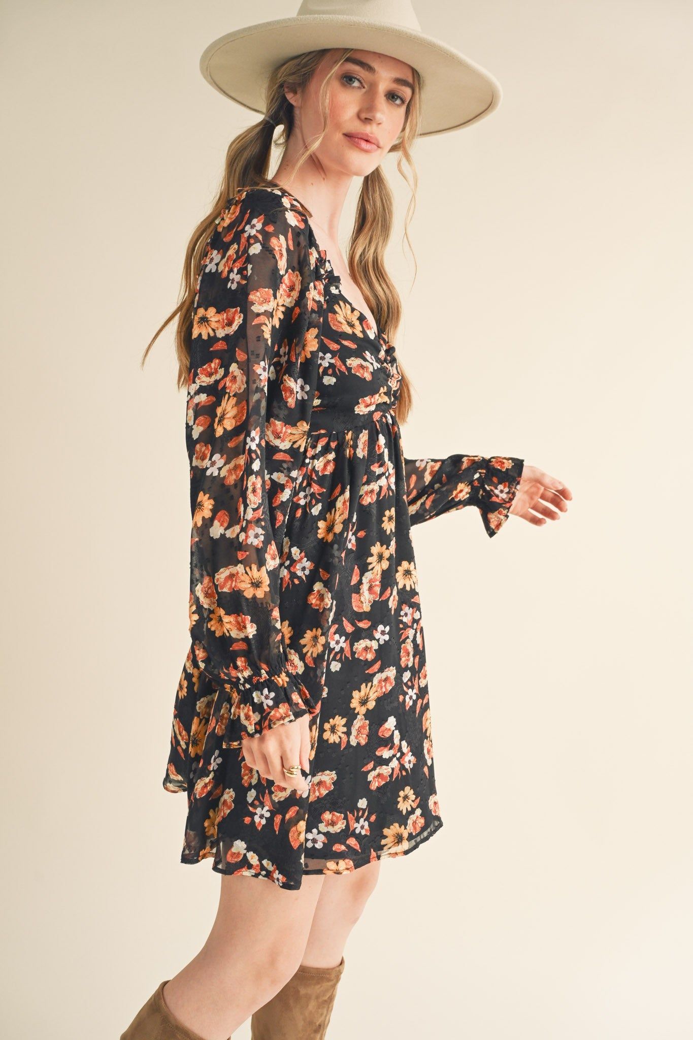 Black Multi Floral Print Balloon Sleeve Mini Dress sold by Pinkblush product image thumbnail 2