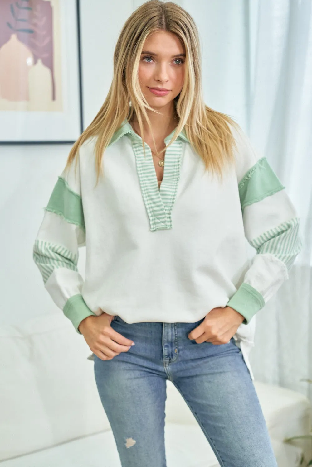 Mint Green Colorblock Stripe Collared Sweater sold by Pinkblush product image thumbnail 2