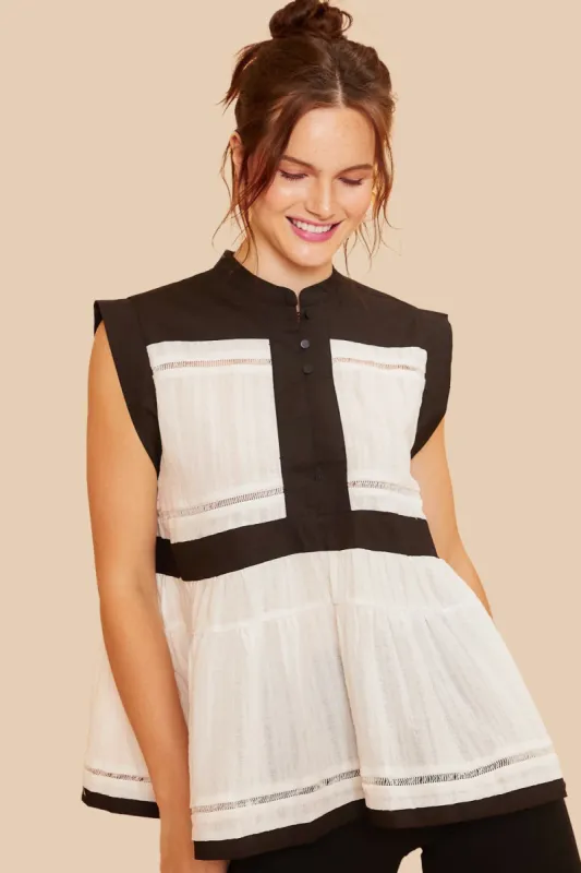 Black Combo Contrast Trim Detail Button Front Woven Blouse Top sold by Pinkblush