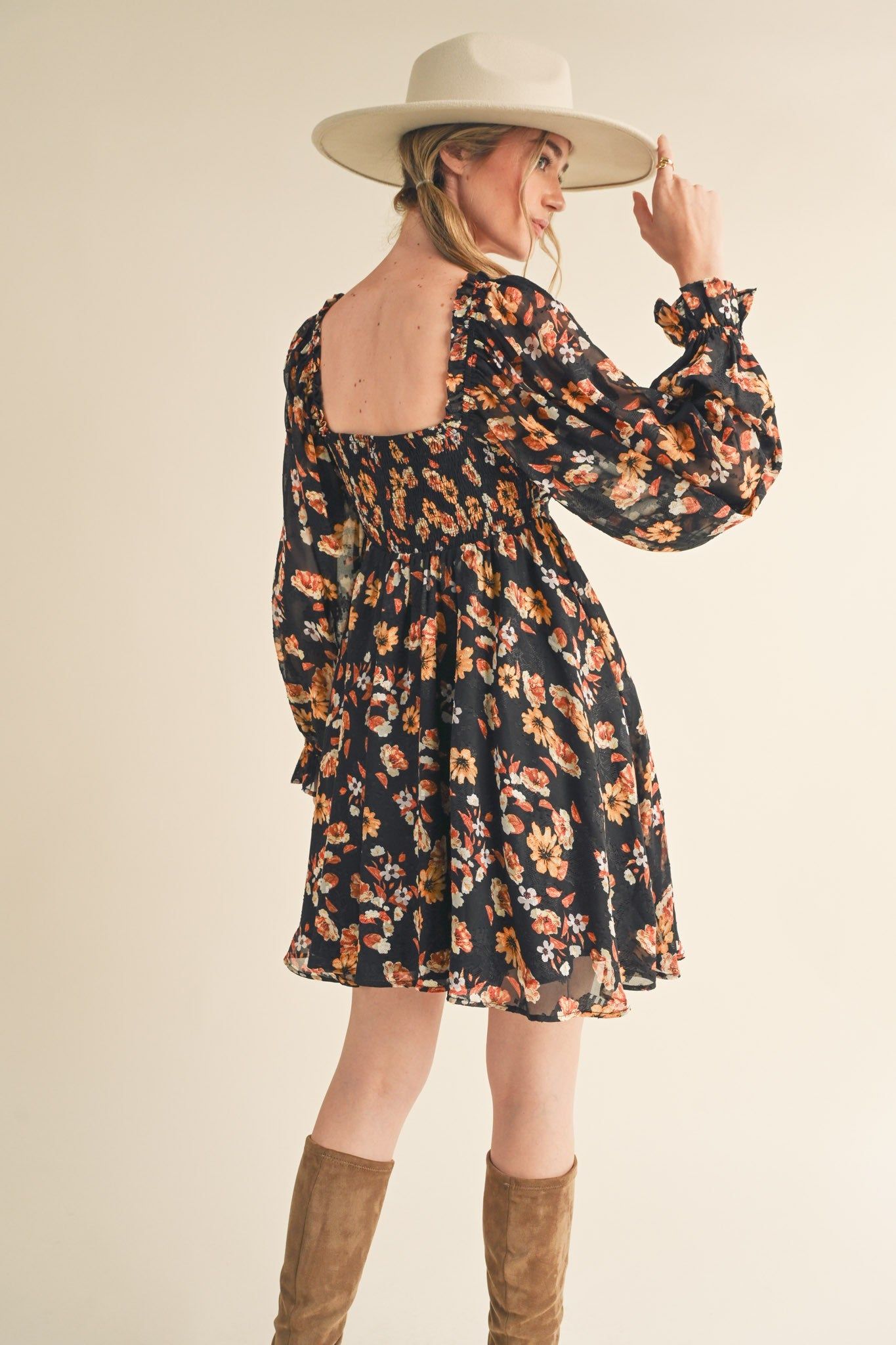 Black Multi Floral Print Balloon Sleeve Mini Dress sold by Pinkblush product image thumbnail 3