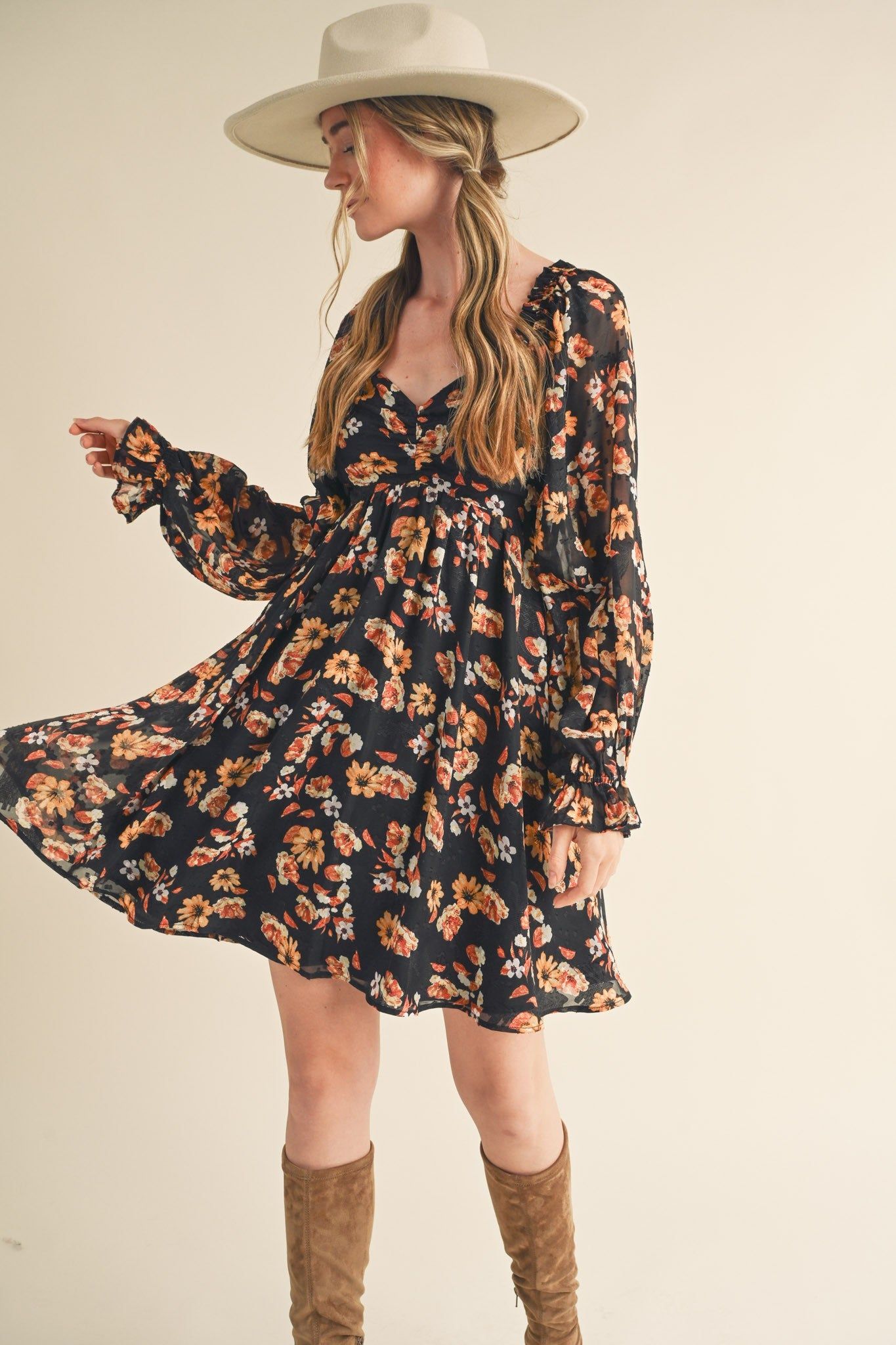 Black Multi Floral Print Balloon Sleeve Mini Dress sold by Pinkblush