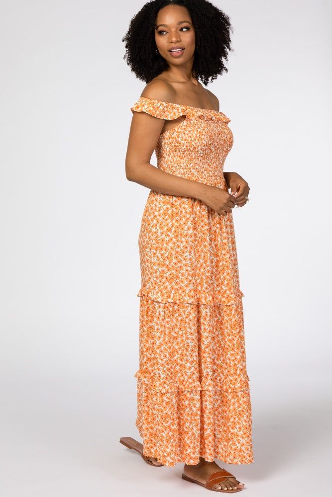 Orange Floral Ruffle Smocked Maxi Dress sold by Pinkblush product image thumbnail 2