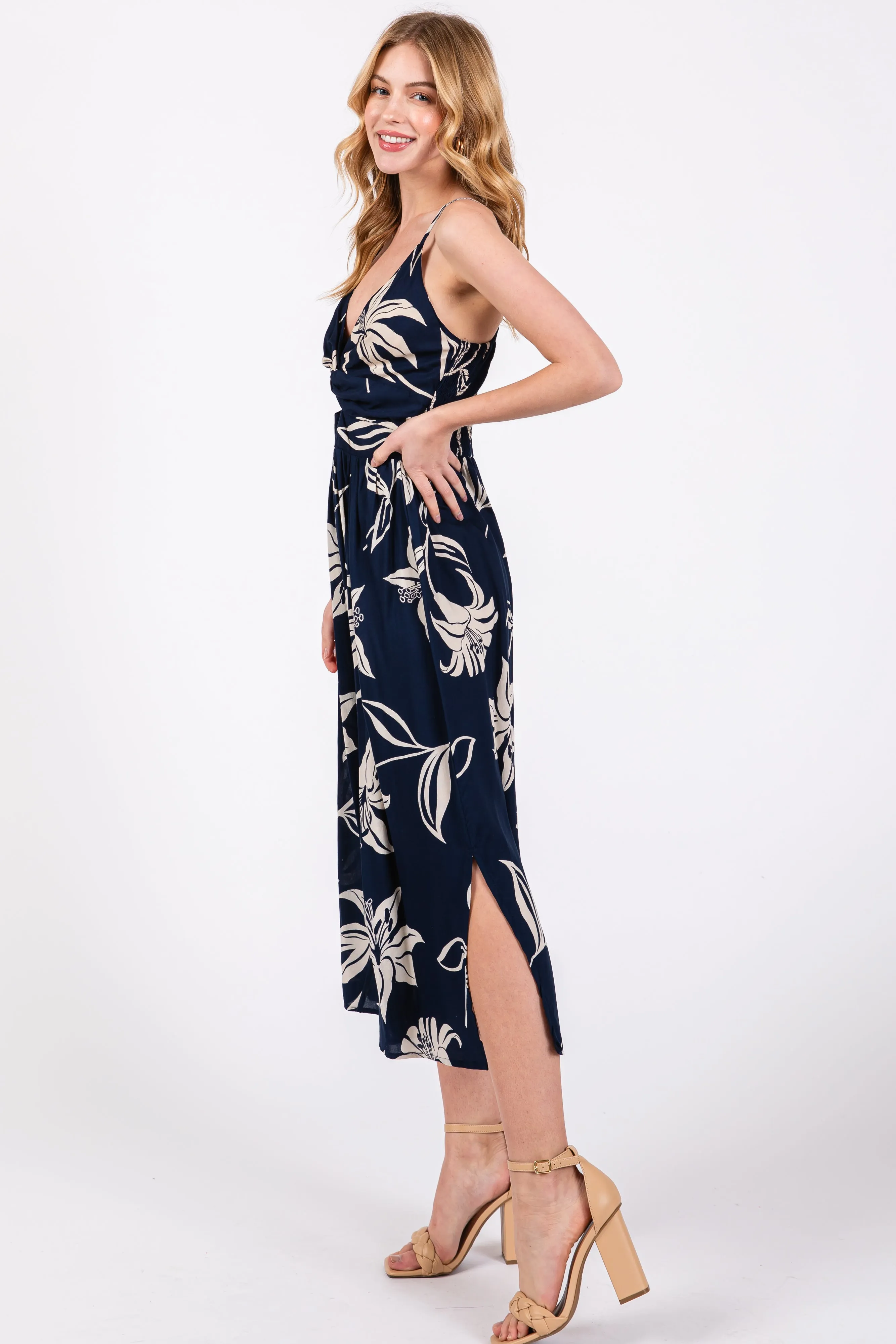 Navy Blue Floral Front Twist Midi Dress sold by Pinkblush product image thumbnail 2