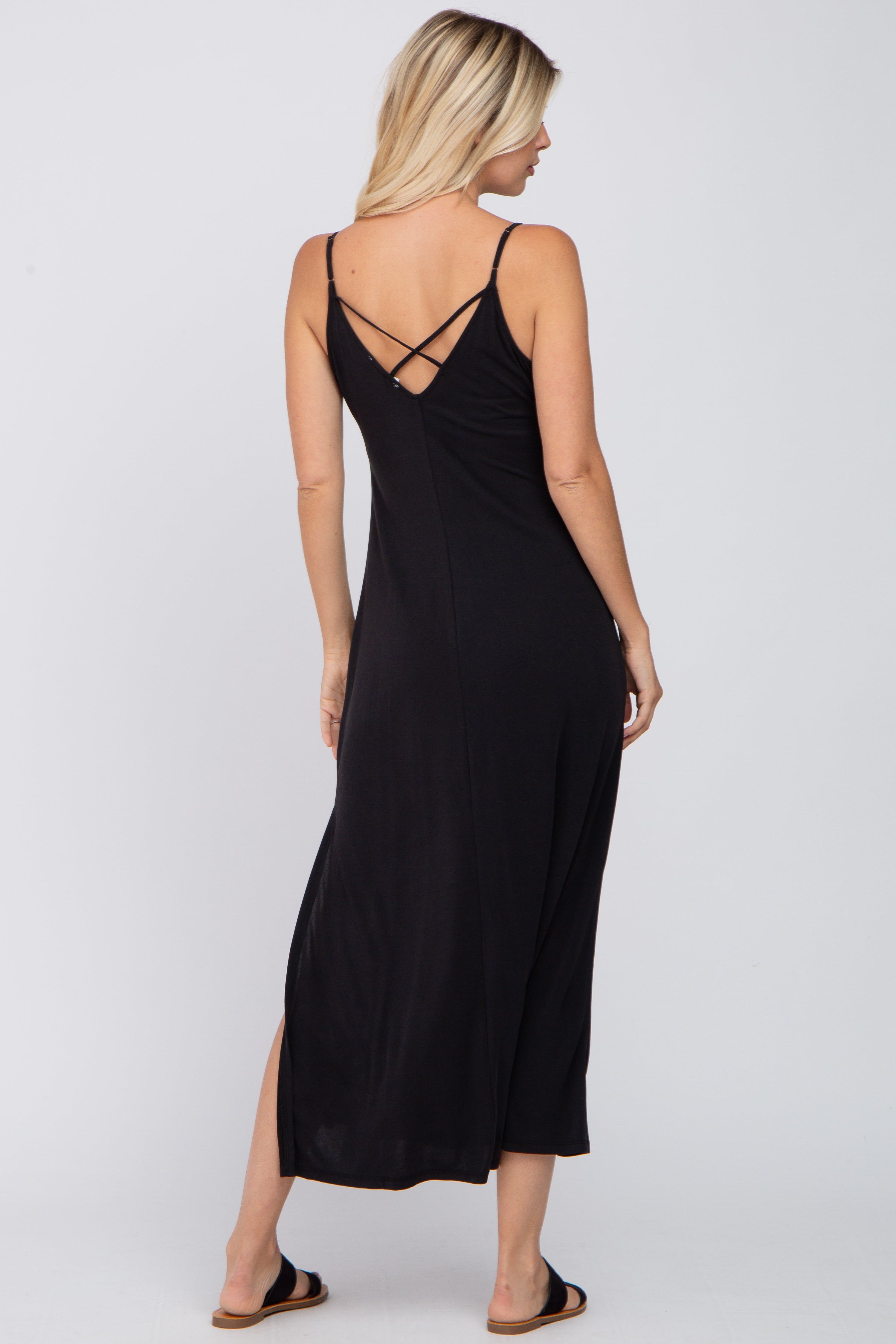 Black V-Neck Criss Cross Back Side Slit Midi Dress sold by Pinkblush product image thumbnail 3