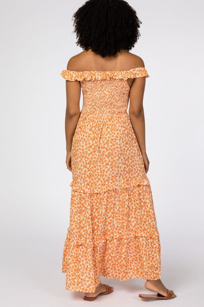 Orange Floral Ruffle Smocked Maxi Dress sold by Pinkblush product image thumbnail 3