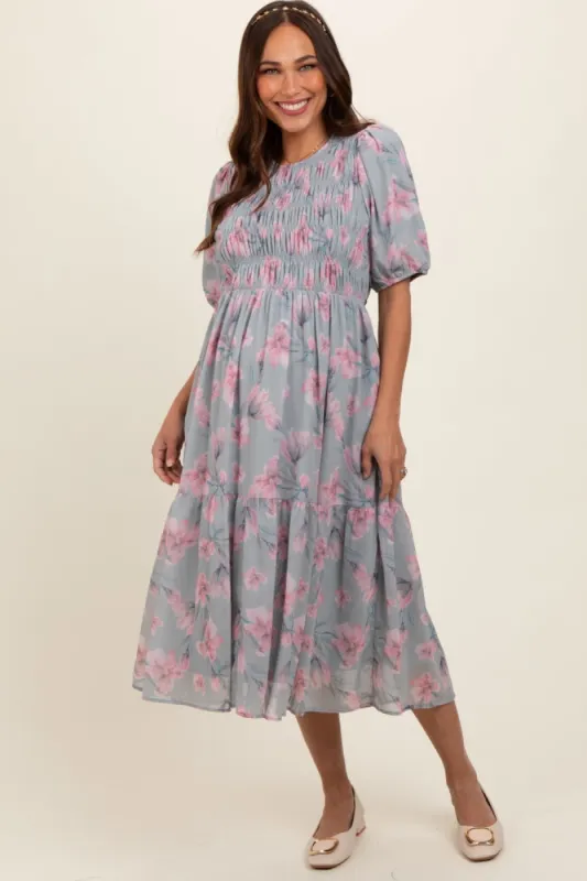 Grey Floral Smocked Ruffle Hem Maternity Midi Dress sold by Pinkblush