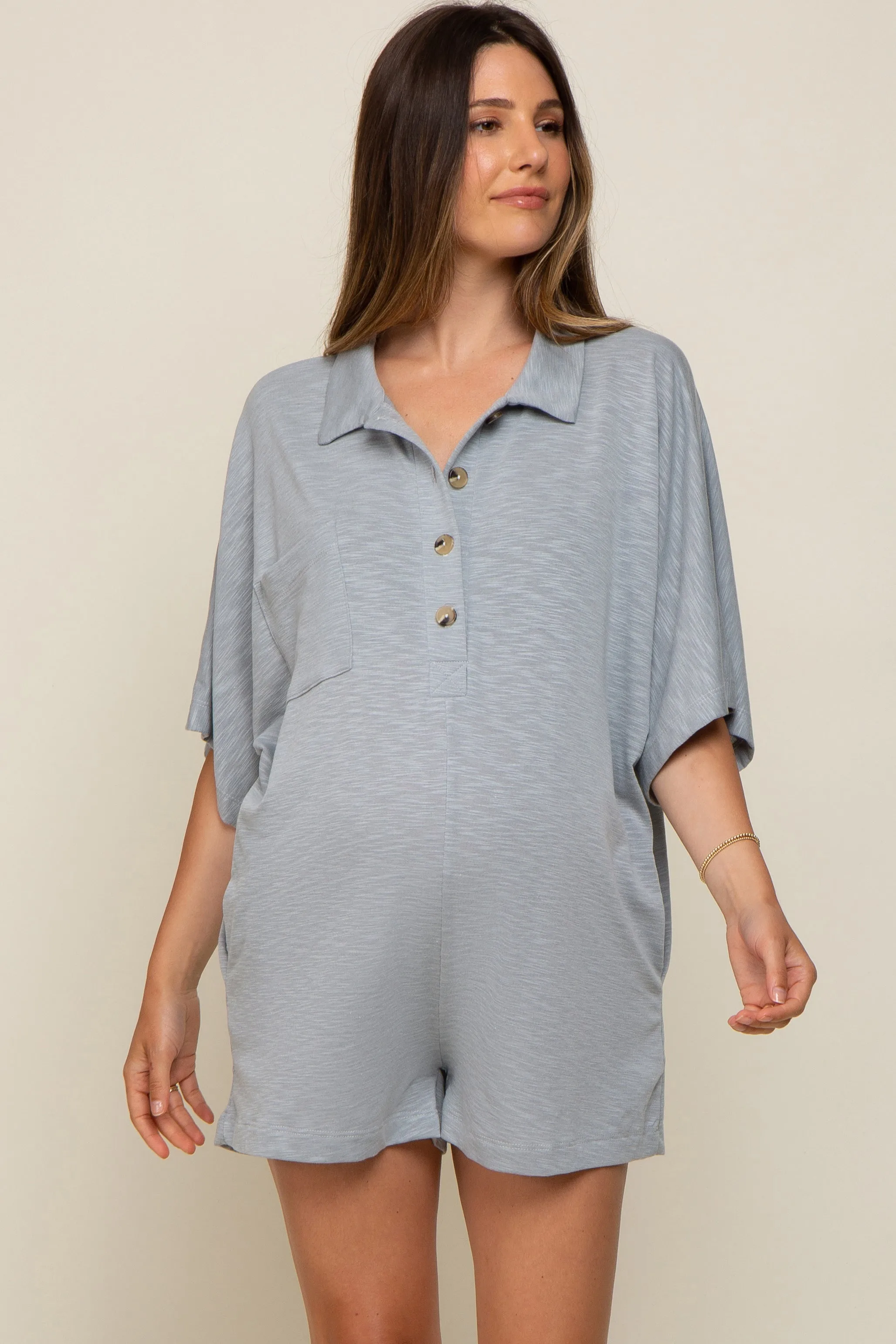 Grey Heathered Front Button Maternity Romper sold by Pinkblush