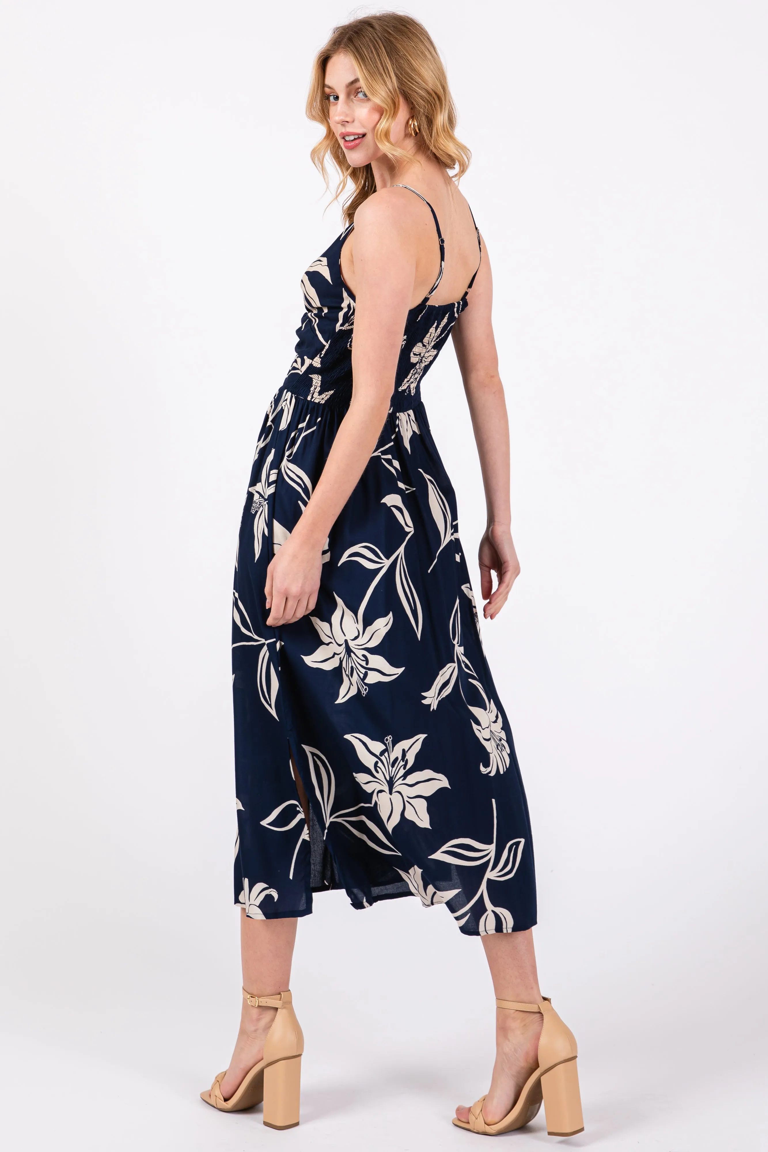 Navy Blue Floral Front Twist Midi Dress sold by Pinkblush product image thumbnail 3