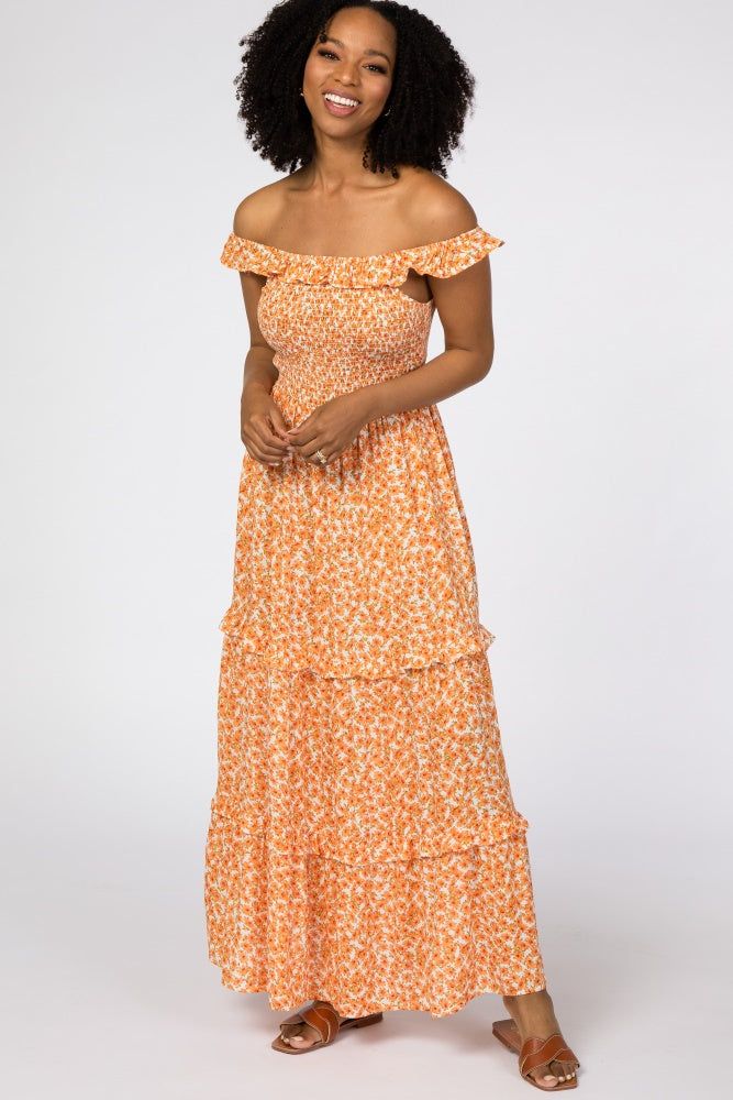 Orange Floral Ruffle Smocked Maxi Dress sold by Pinkblush product image thumbnail 4