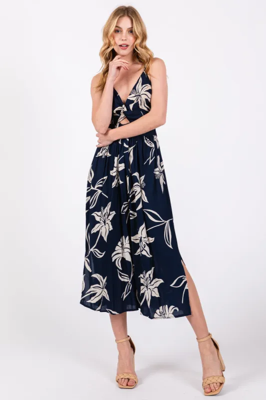 Navy Blue Floral Front Twist Midi Dress sold by Pinkblush