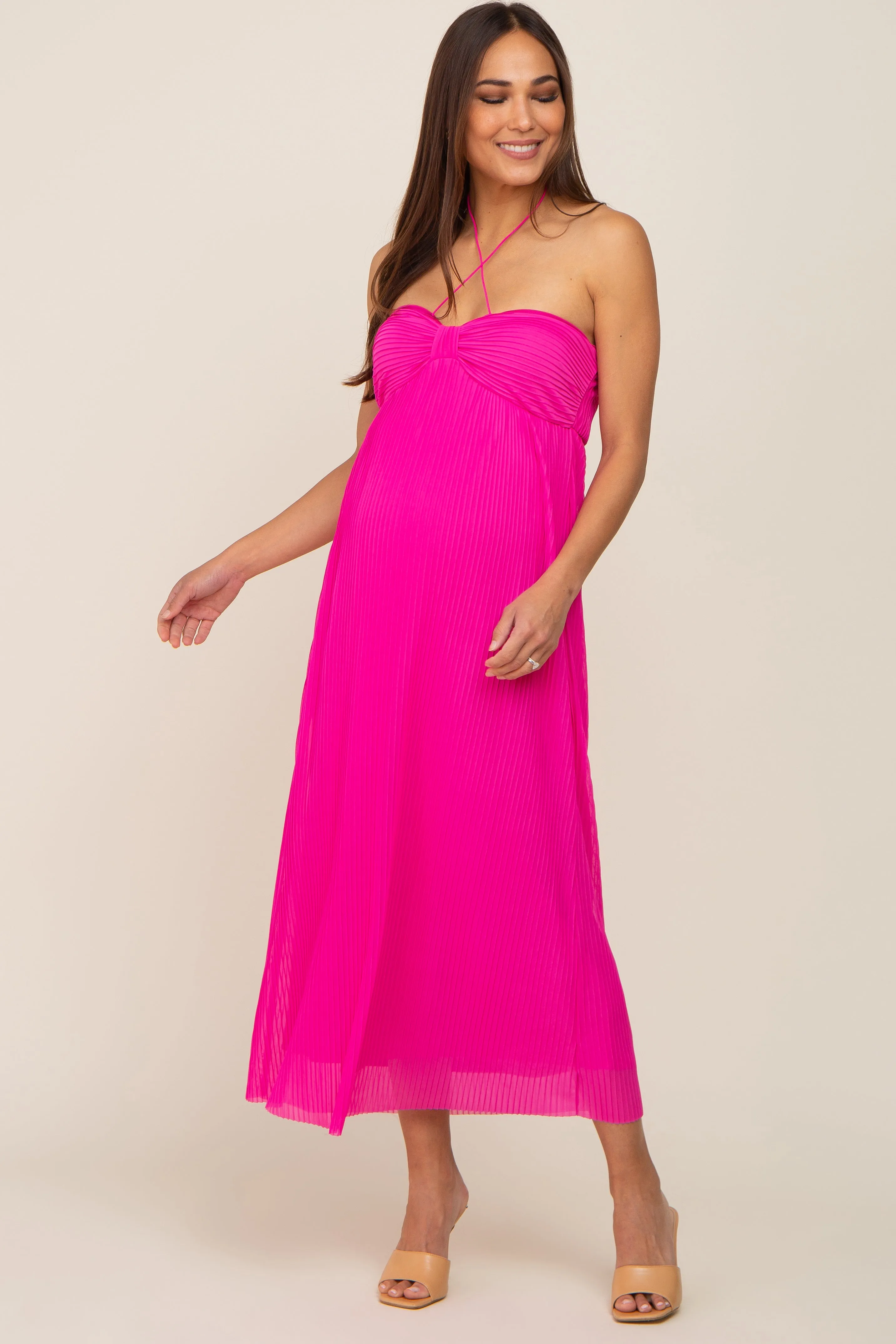 Fuchsia Pleated Cross Front Halter Maternity Midi Dress sold by Pinkblush product image thumbnail 2