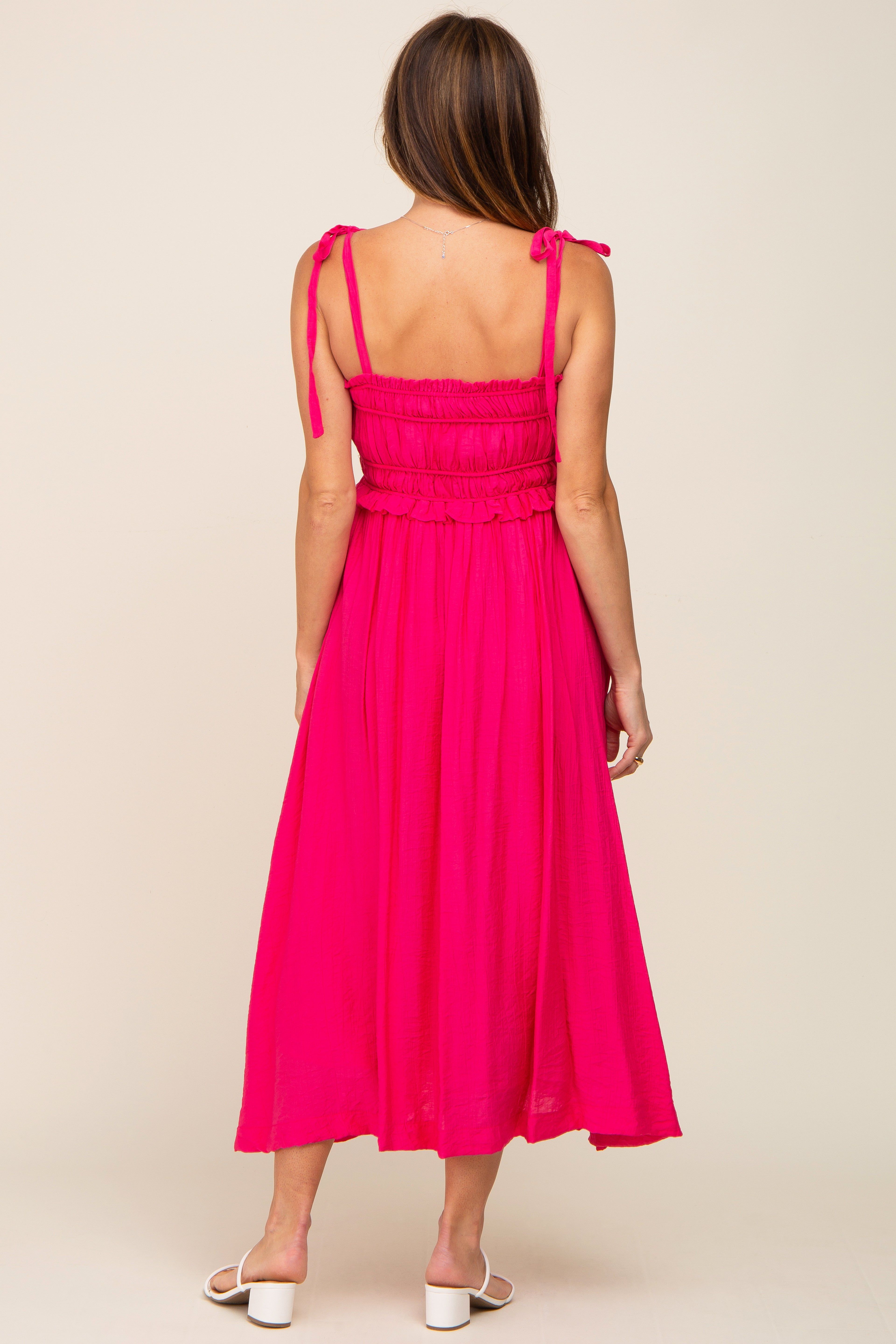 Fuchsia Shirred Shoulder Tie Midi Dress sold by Pinkblush product image thumbnail 3