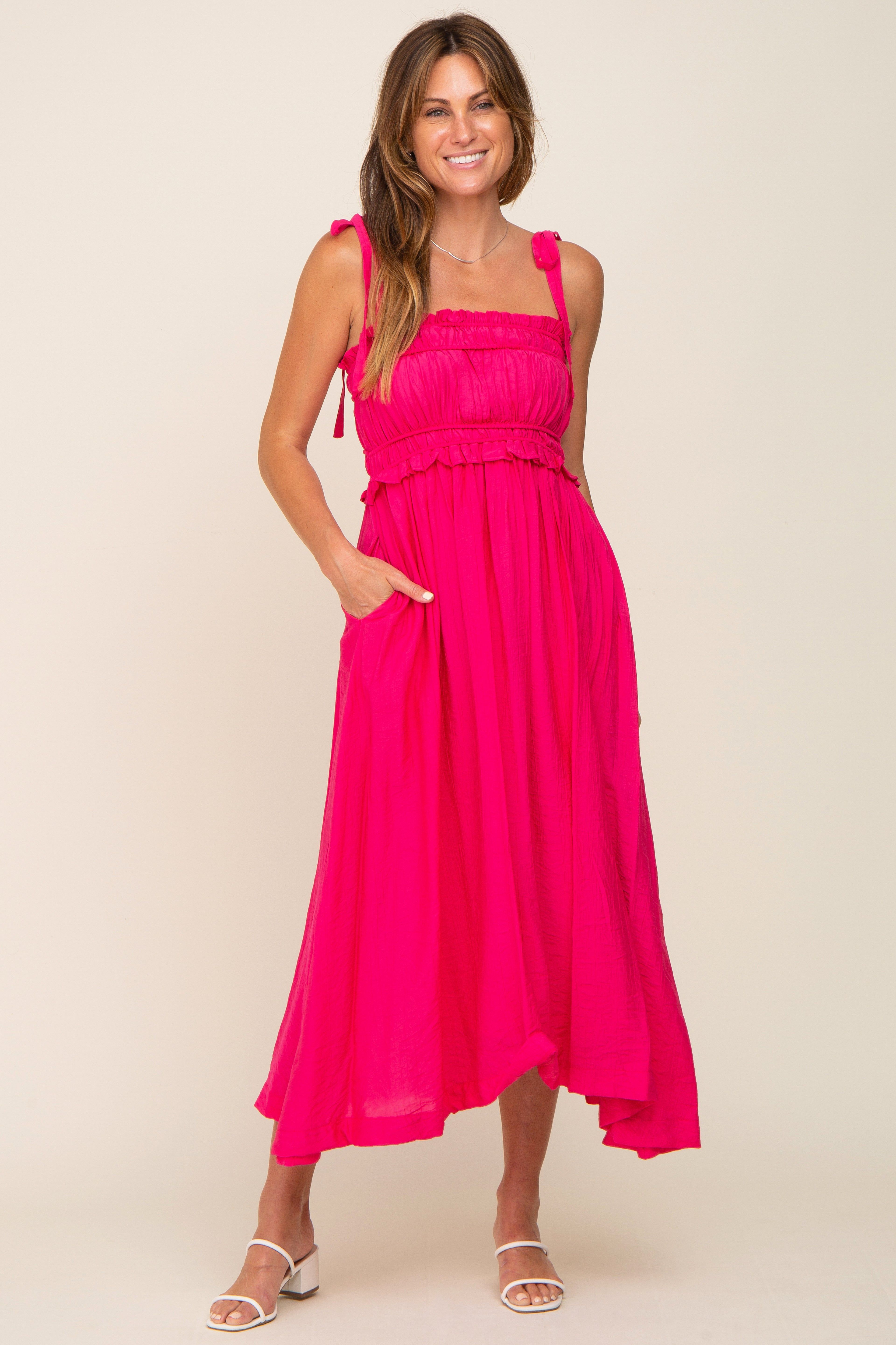 Fuchsia Shirred Shoulder Tie Midi Dress sold by Pinkblush product image thumbnail 4