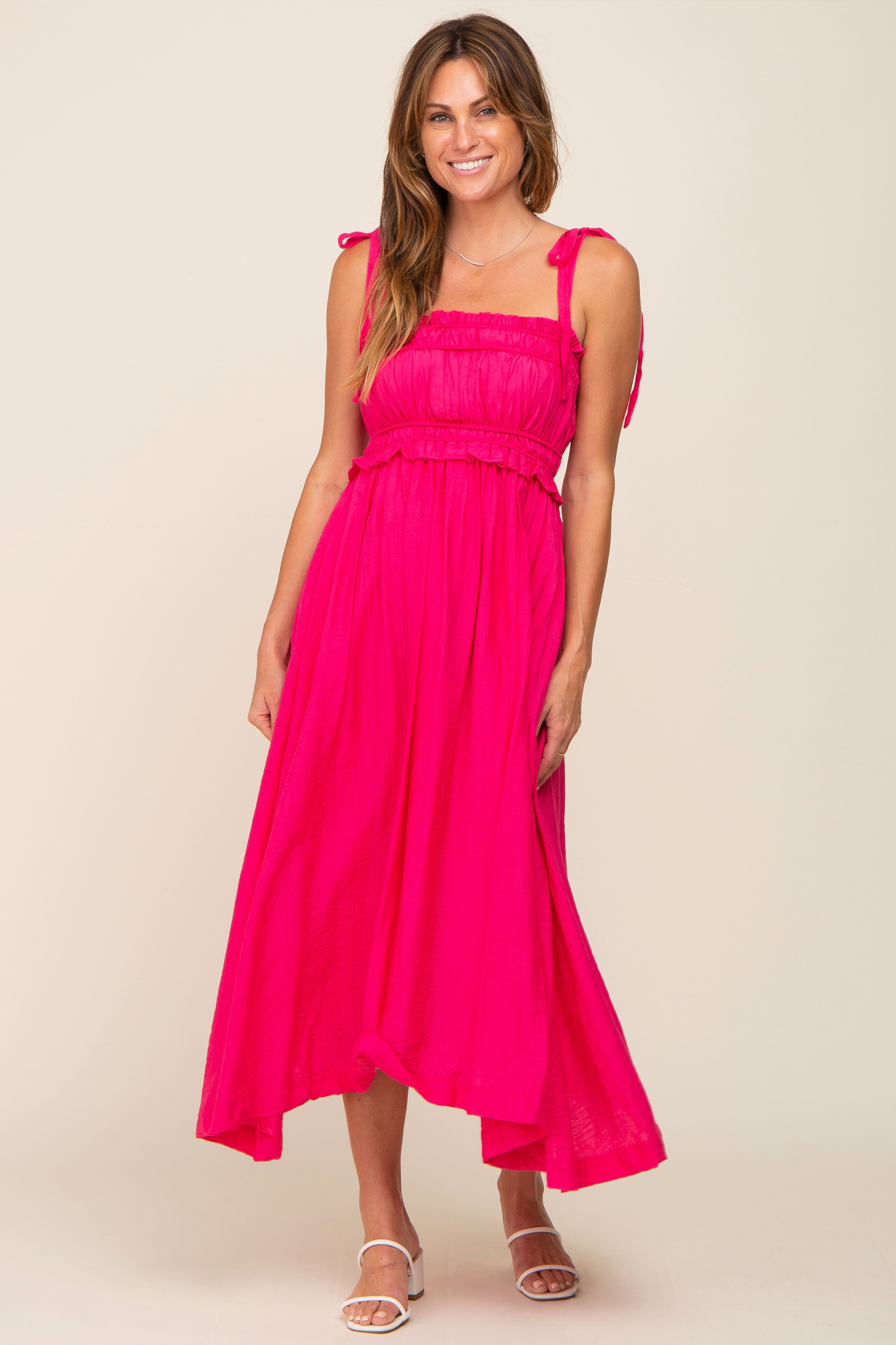 Fuchsia Shirred Shoulder Tie Midi Dress sold by Pinkblush
