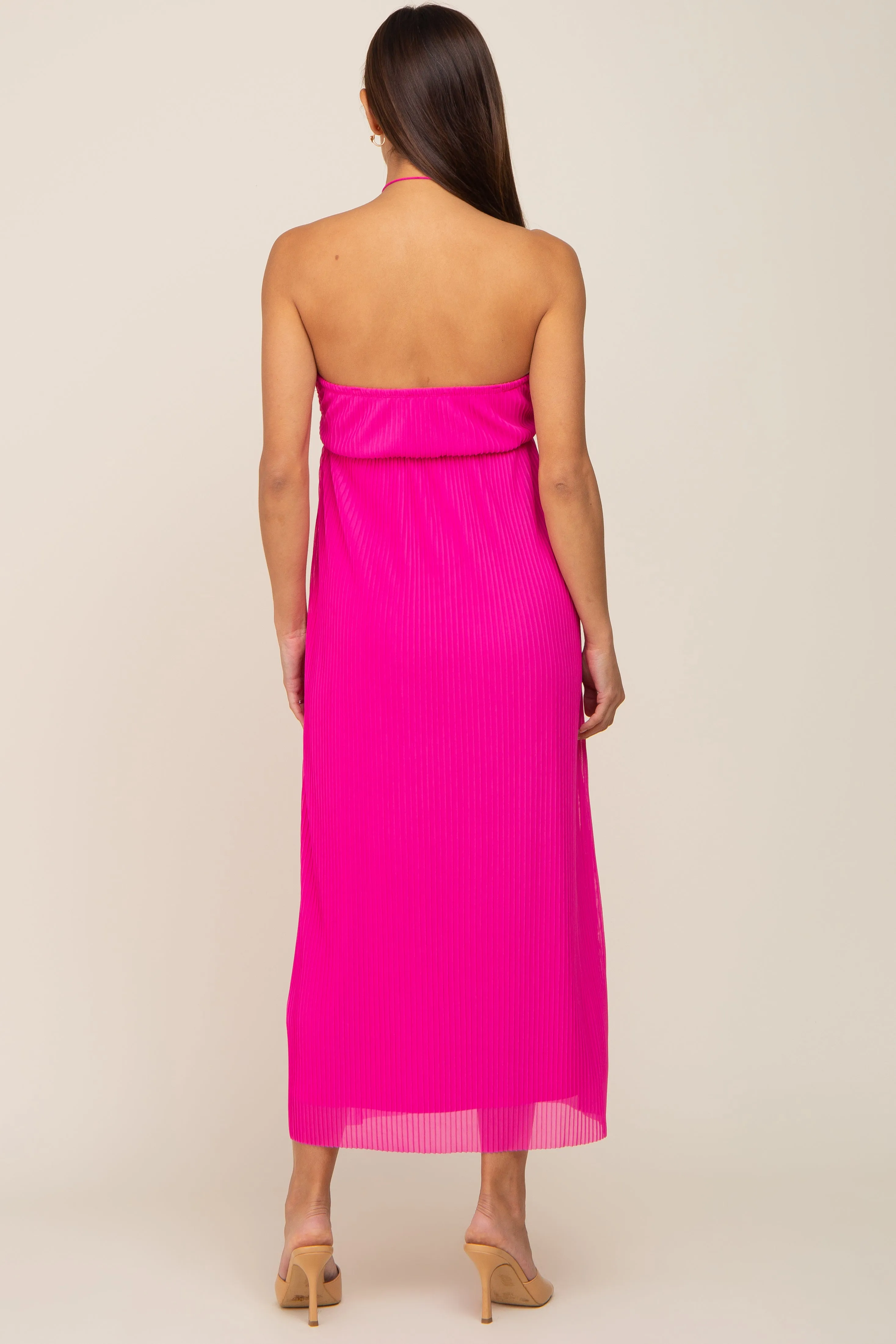 Fuchsia Pleated Cross Front Halter Maternity Midi Dress sold by Pinkblush product image thumbnail 4