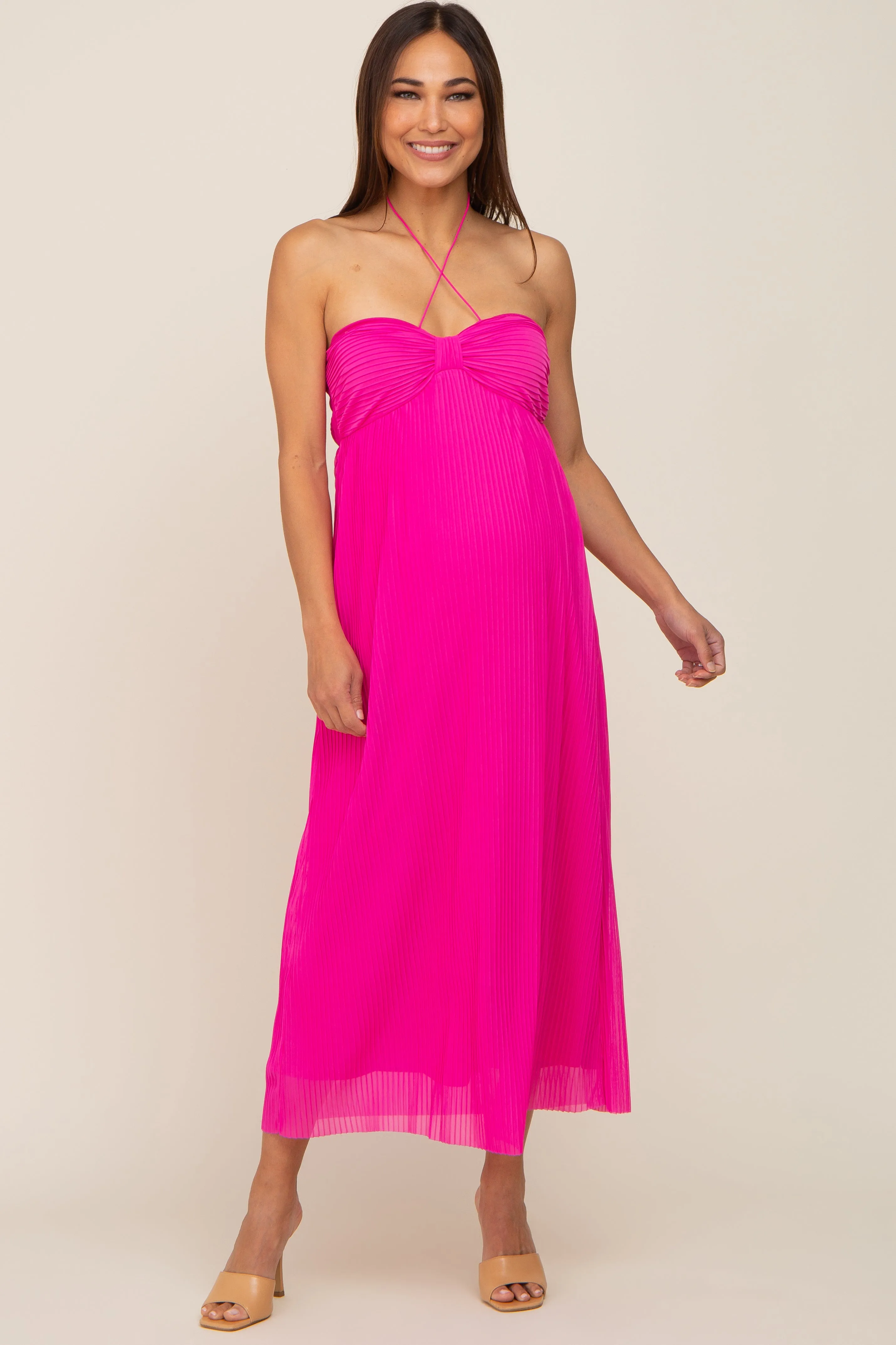 Fuchsia Pleated Cross Front Halter Maternity Midi Dress sold by Pinkblush