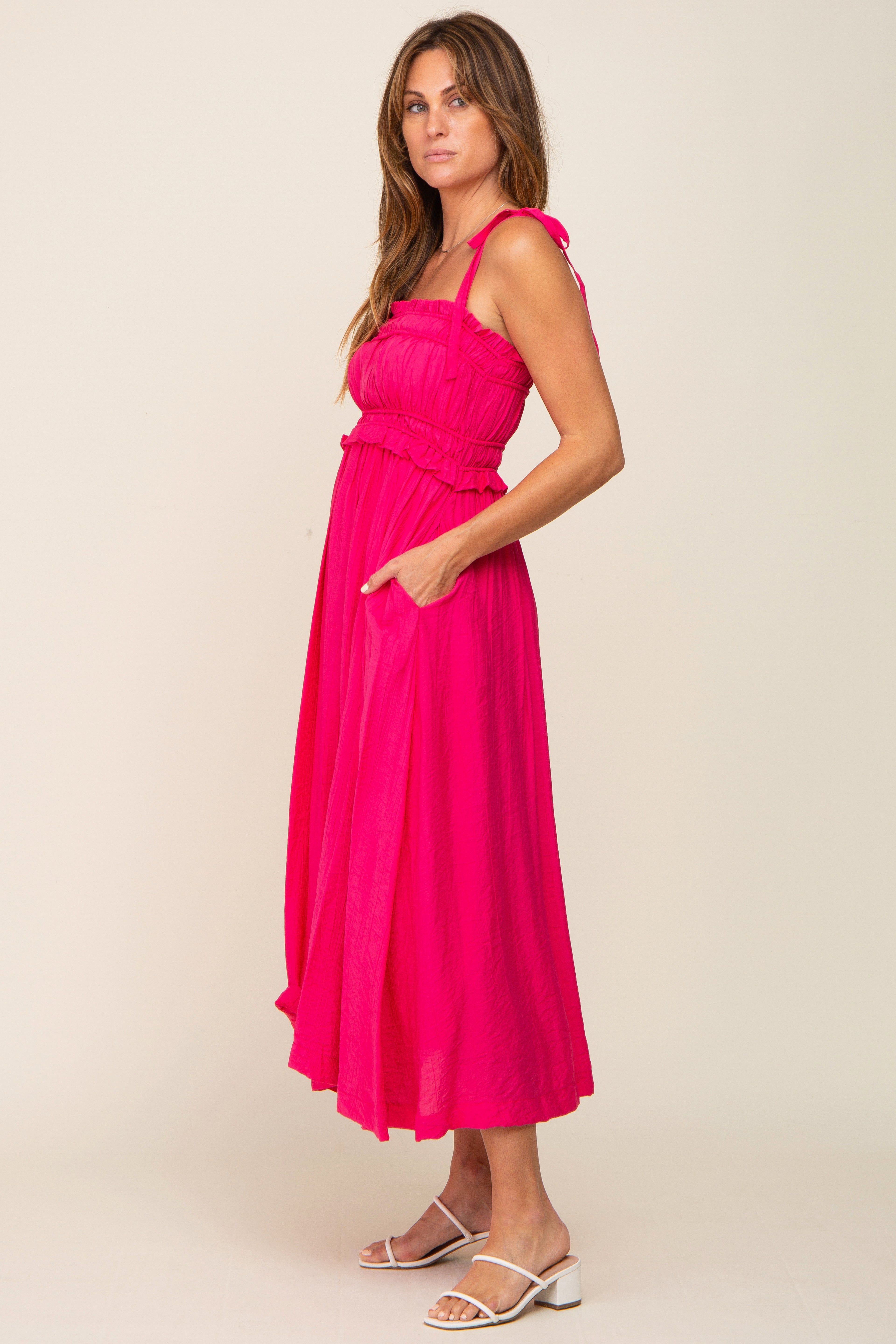 Fuchsia Shirred Shoulder Tie Midi Dress sold by Pinkblush product image thumbnail 2