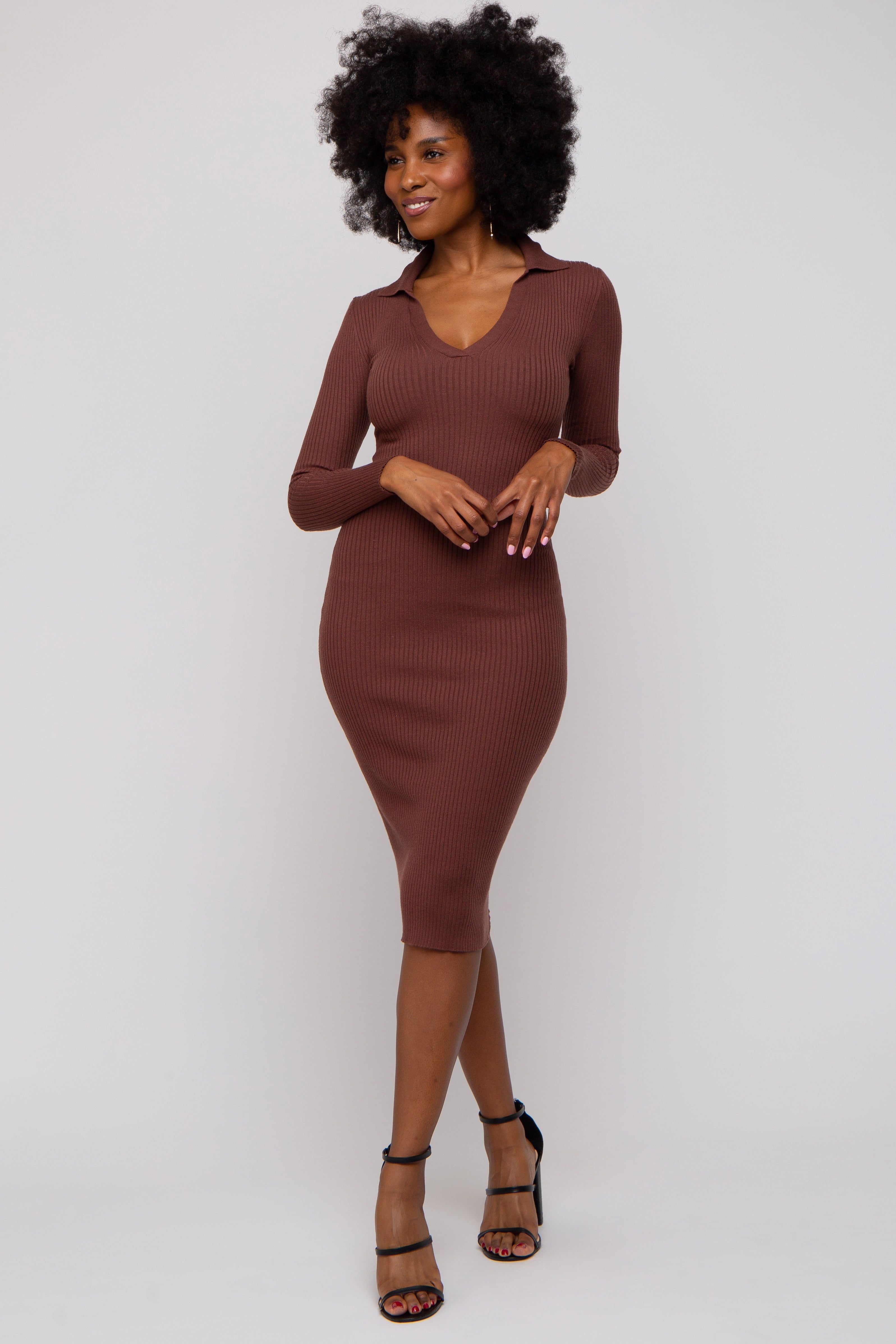Brown Ribbed Knit Fitted Dress sold by Pinkblush product image thumbnail 5