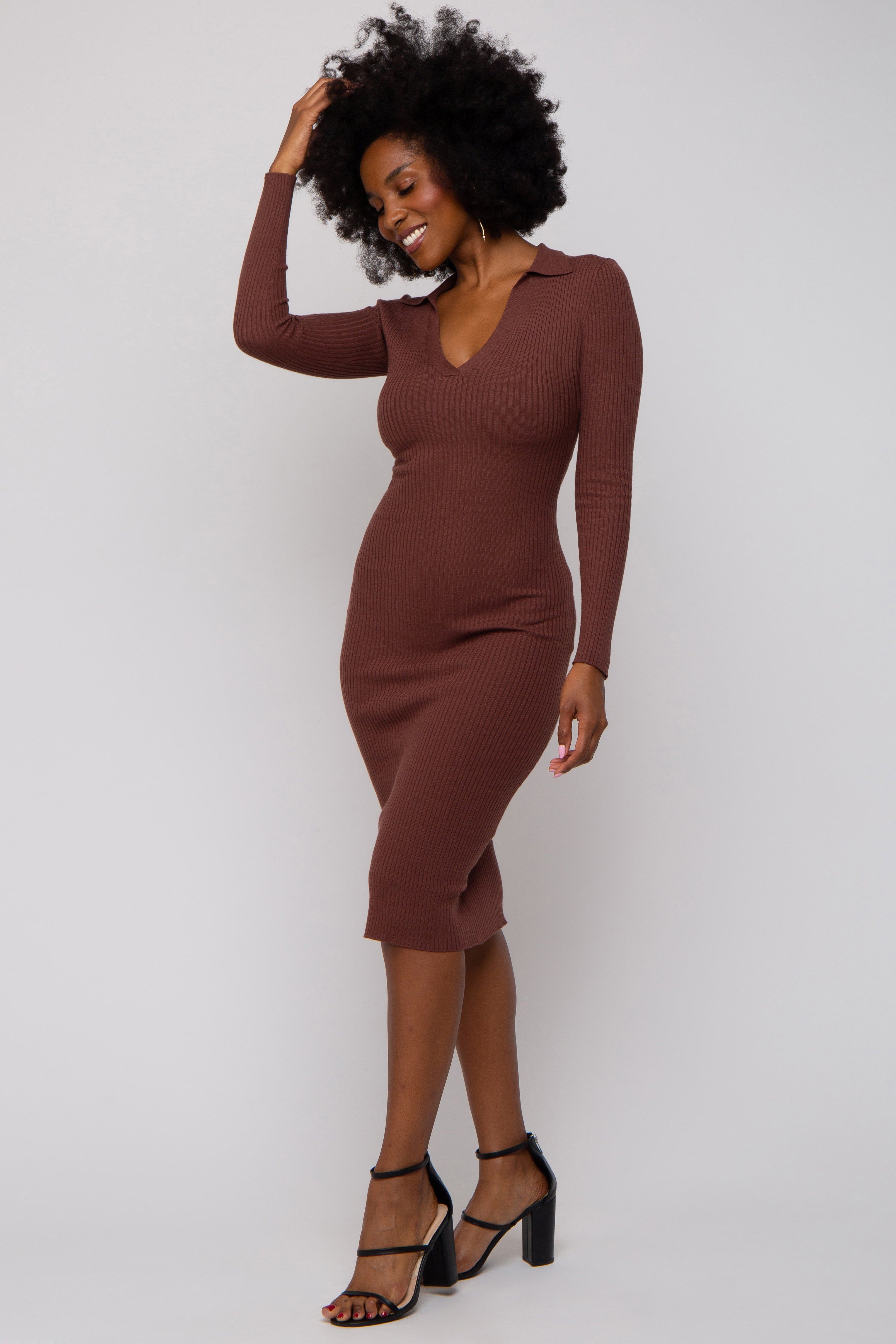 Brown Ribbed Knit Fitted Dress sold by Pinkblush product image thumbnail 2
