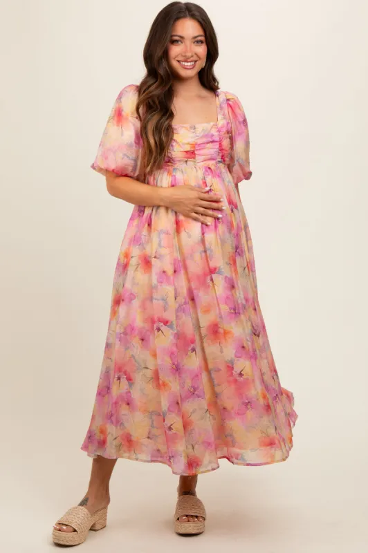 Pink Floral Square Neck Short Puff Sleeve Lace-Up Back Maternity Midi Dress sold by Pinkblush