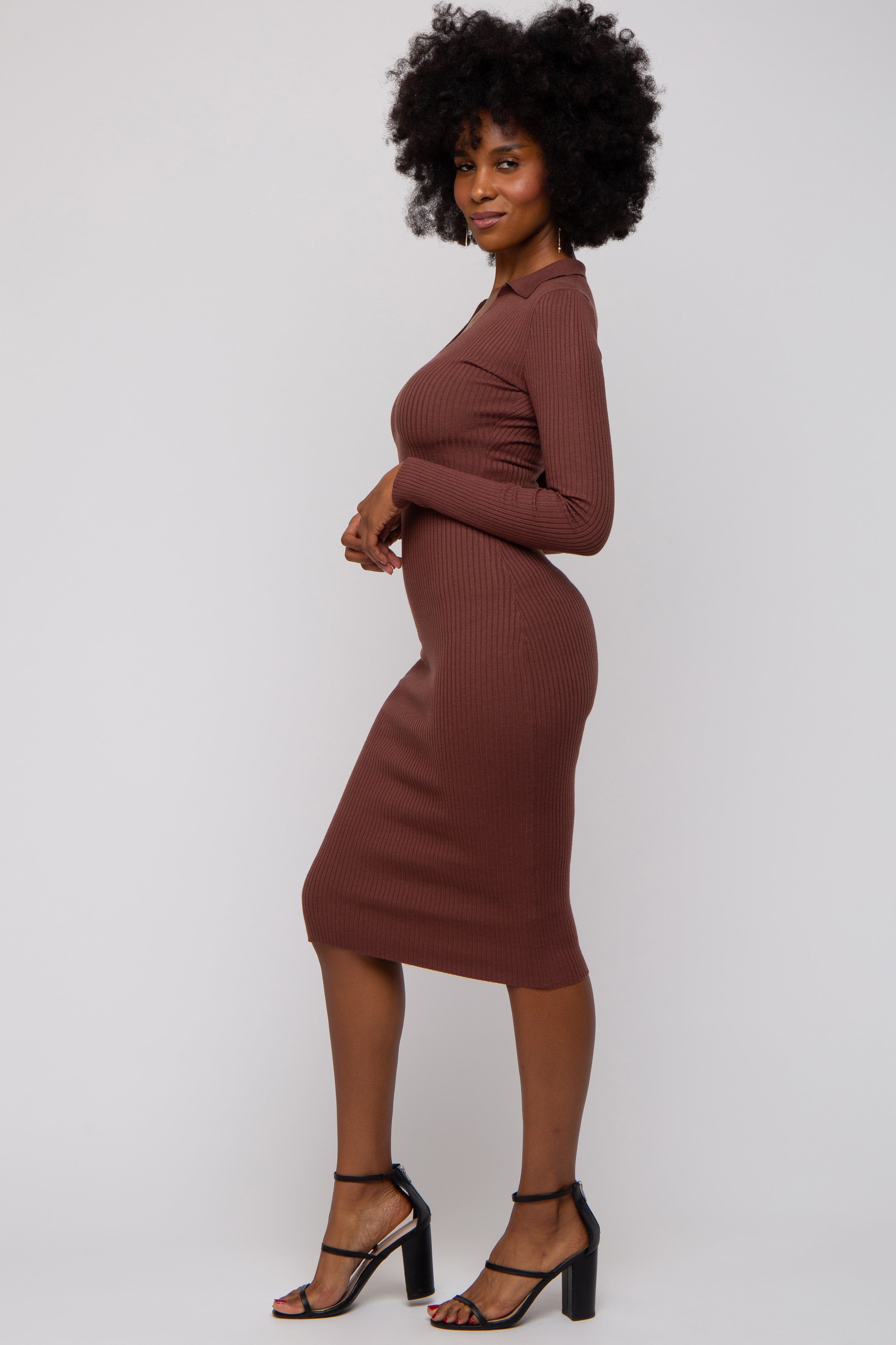 Brown Ribbed Knit Fitted Dress sold by Pinkblush product image thumbnail 3