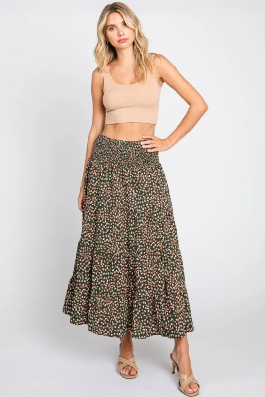 Olive Leaf Print Side Slit Midi Skirt sold by Pinkblush