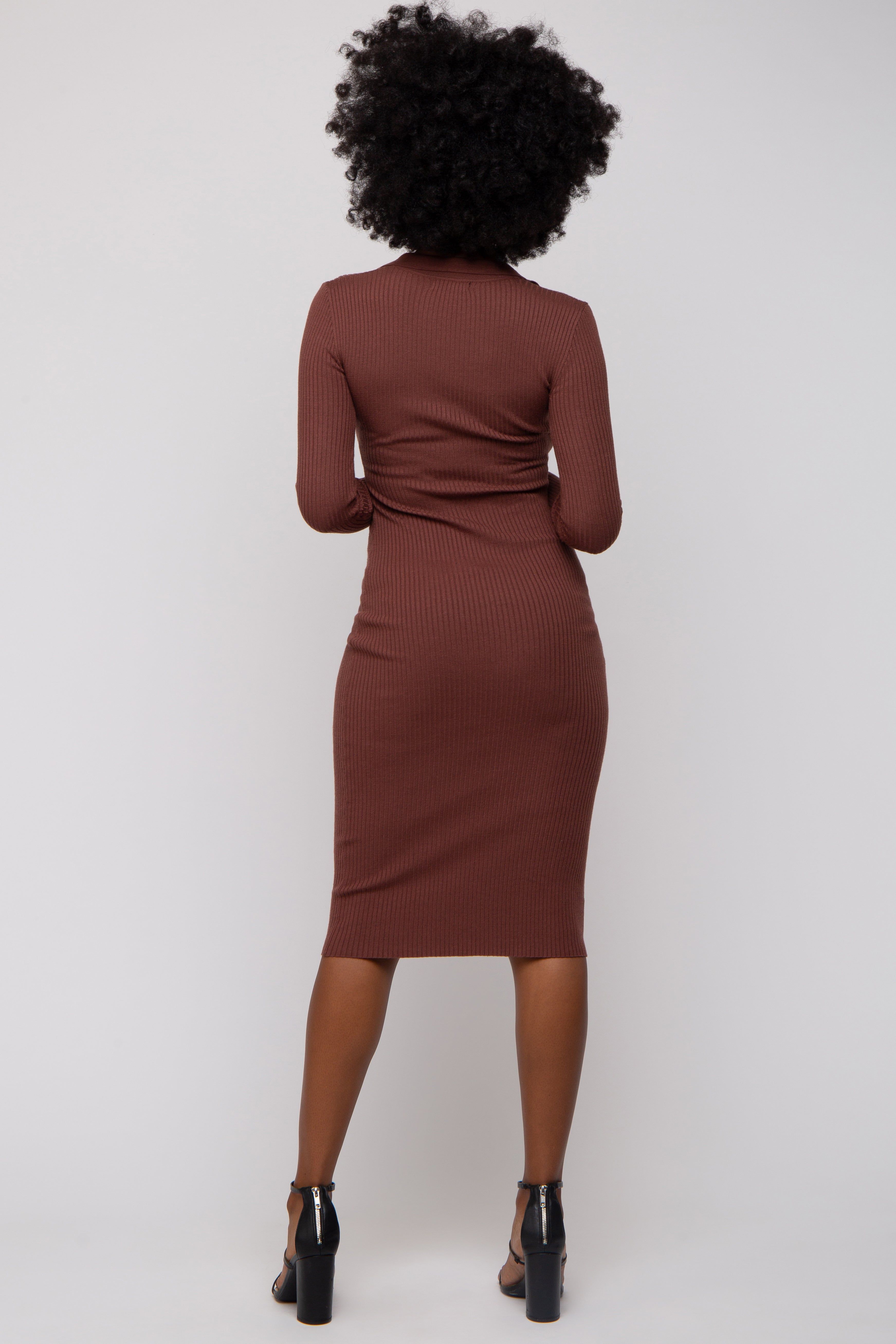 Brown Ribbed Knit Fitted Dress sold by Pinkblush product image thumbnail 4