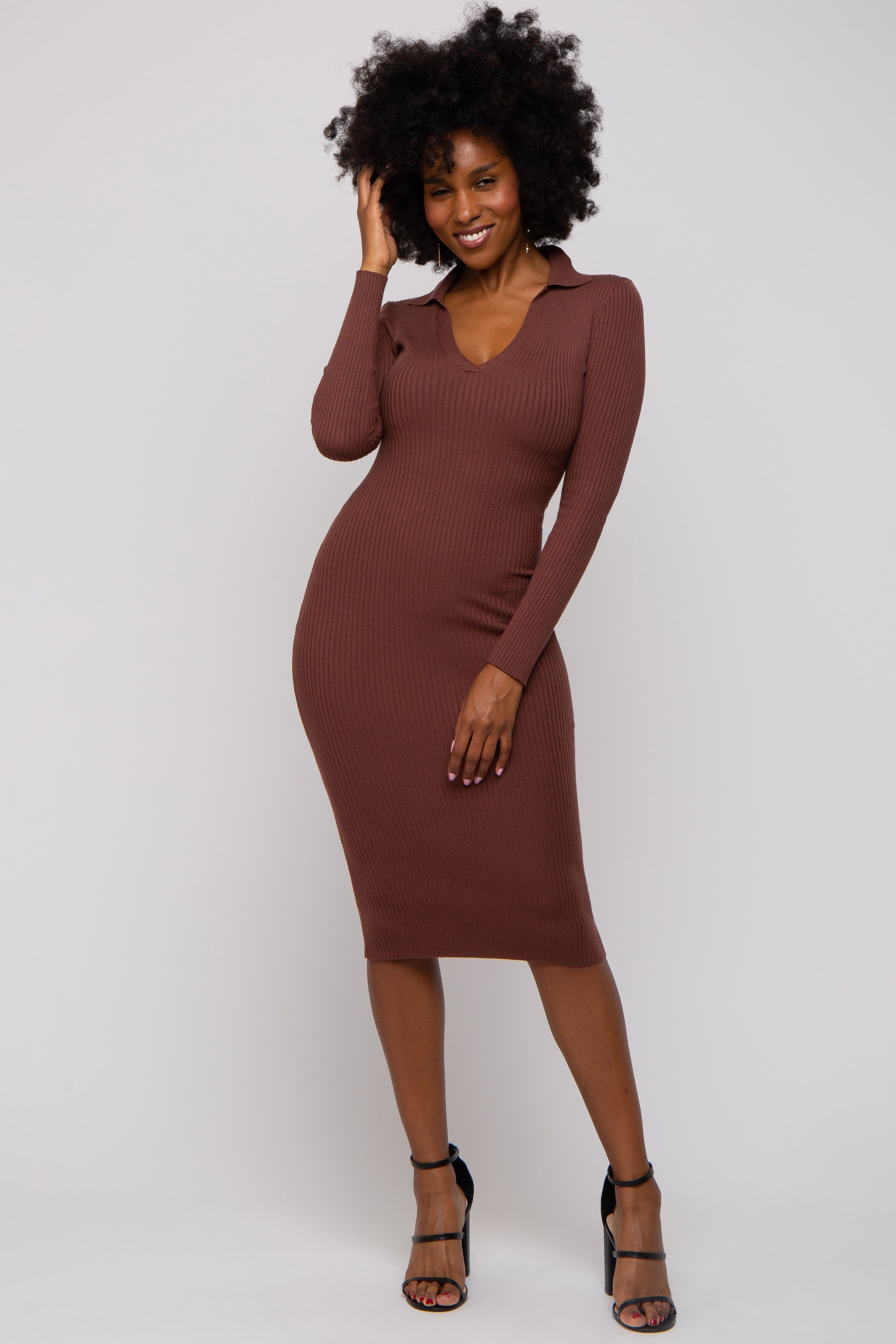 Brown Ribbed Knit Fitted Dress sold by Pinkblush