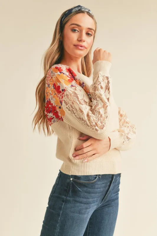 Ivory Multi Floral Mixed Media Knit Top sold by Pinkblush