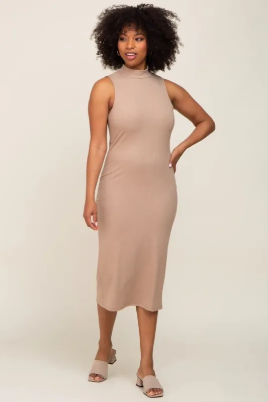 Taupe Ribbed Sleeveless Mock Neck Midi Dress sold by Pinkblush