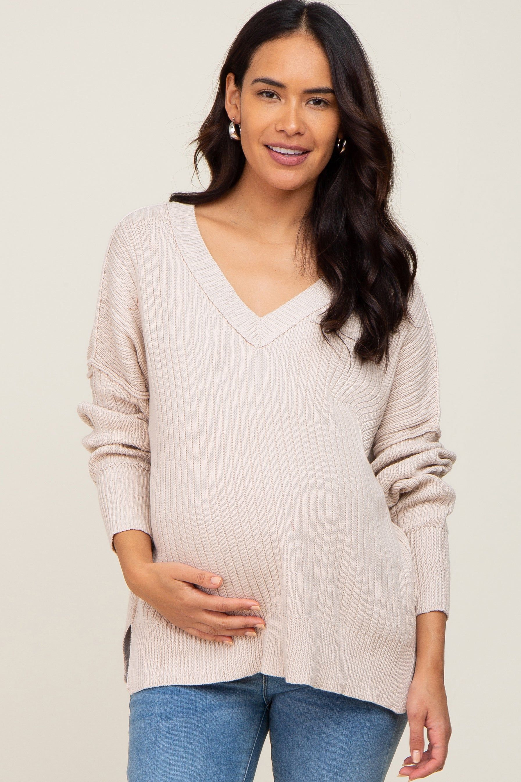 Beige V-Neck Oversized Maternity Sweater sold by Pinkblush