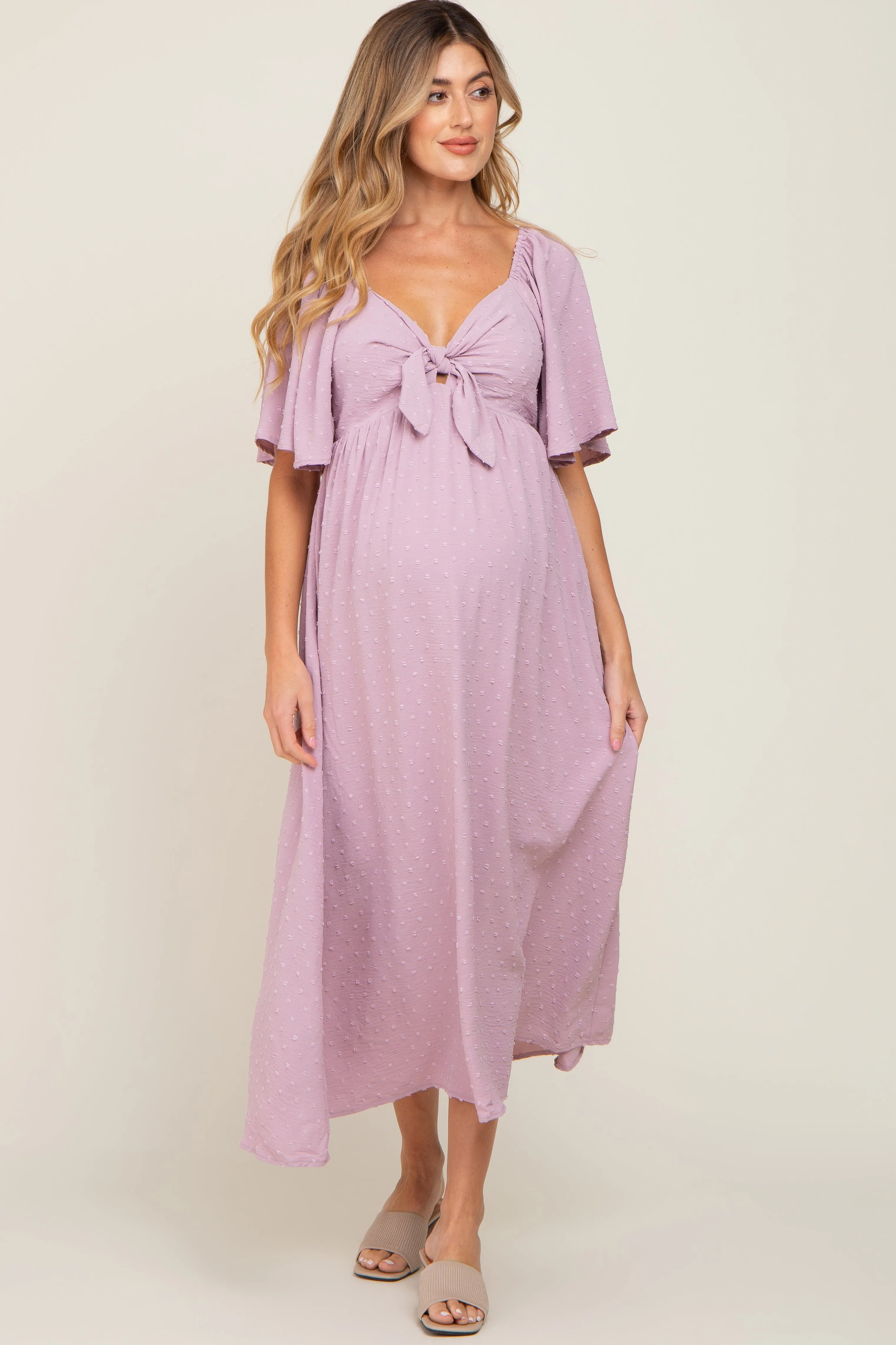 Pink Textured Dot Front Tie Ruffle Sleeve Maternity Midi Dress sold by Pinkblush product image thumbnail 4
