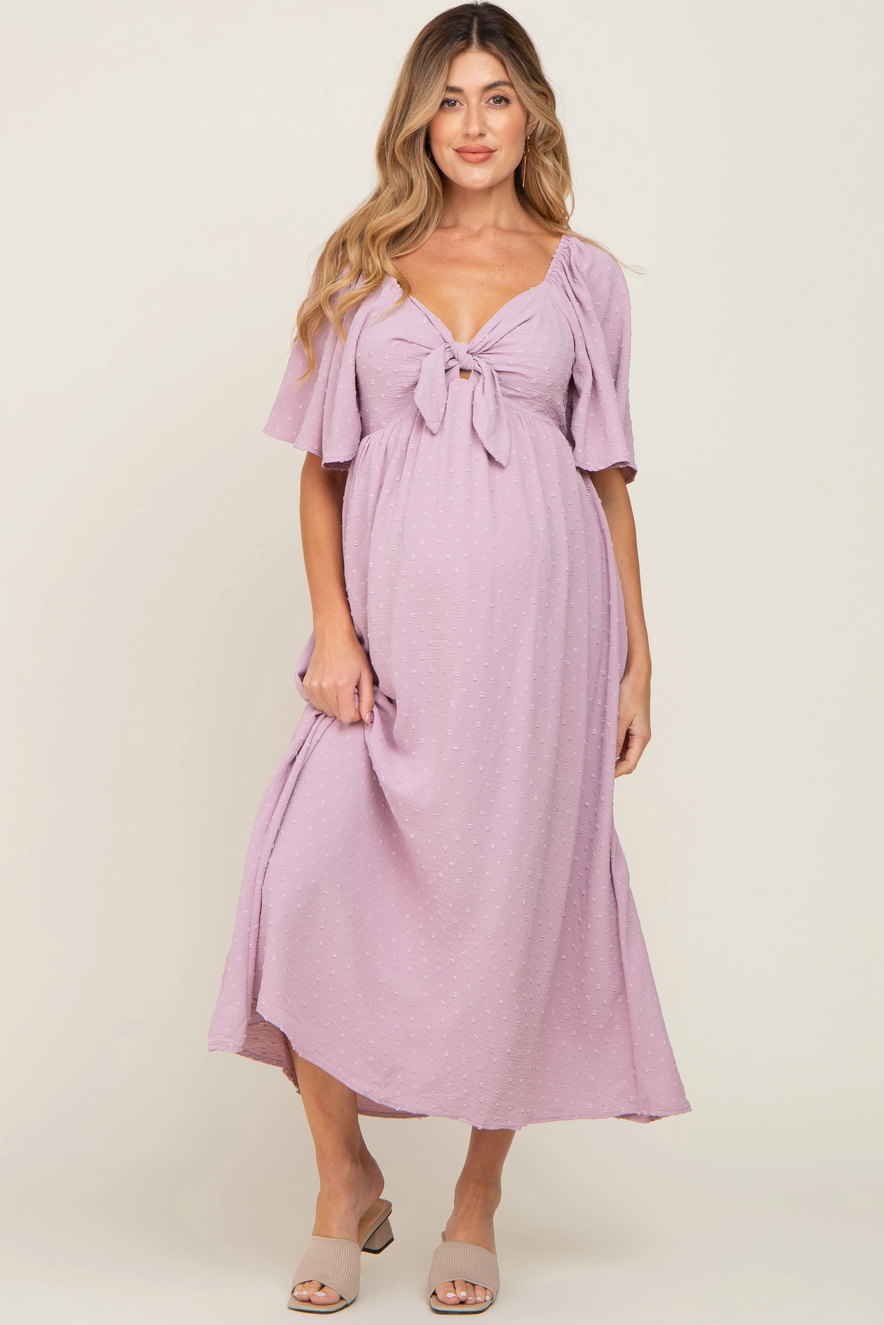 Pink Textured Dot Front Tie Ruffle Sleeve Maternity Midi Dress sold by Pinkblush