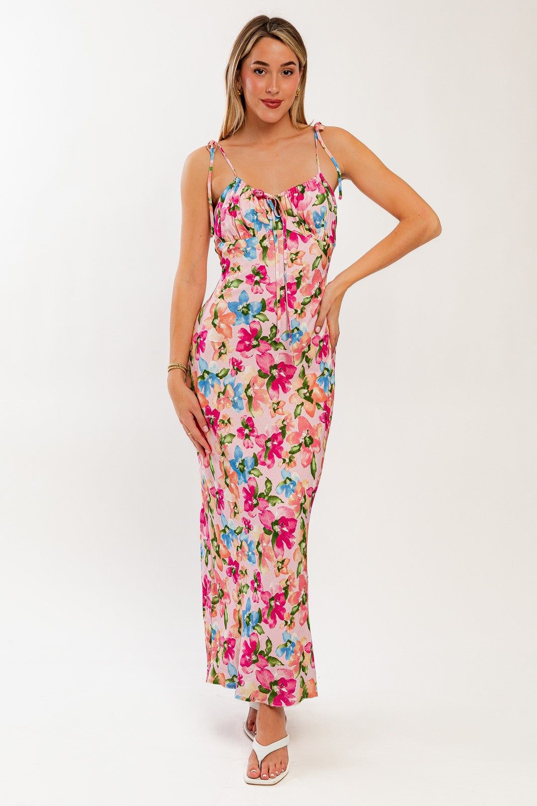 Pink Floral Shoulder Tie Maxi Dress sold by Pinkblush