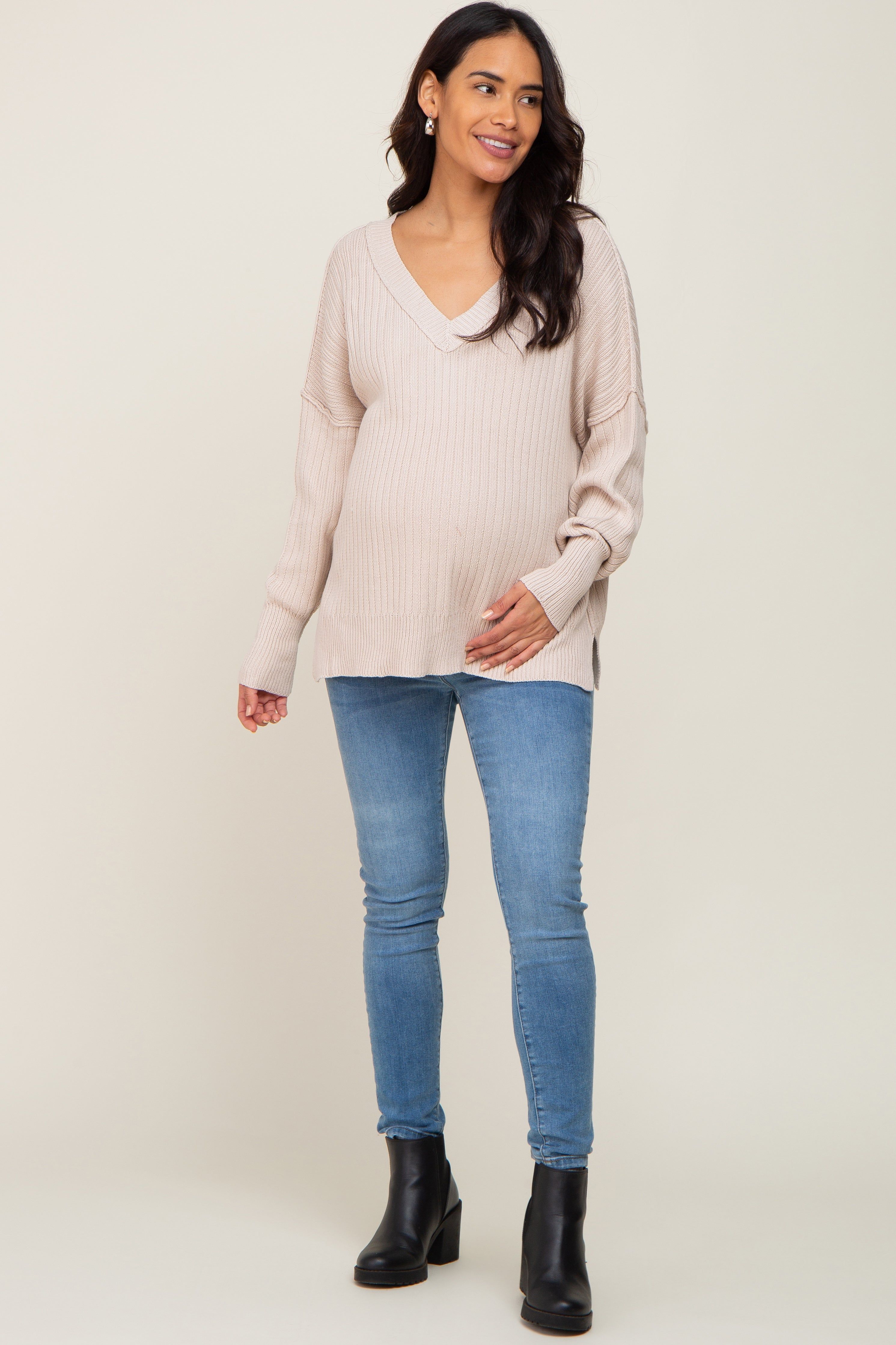 Beige V-Neck Oversized Maternity Sweater sold by Pinkblush product image thumbnail 4