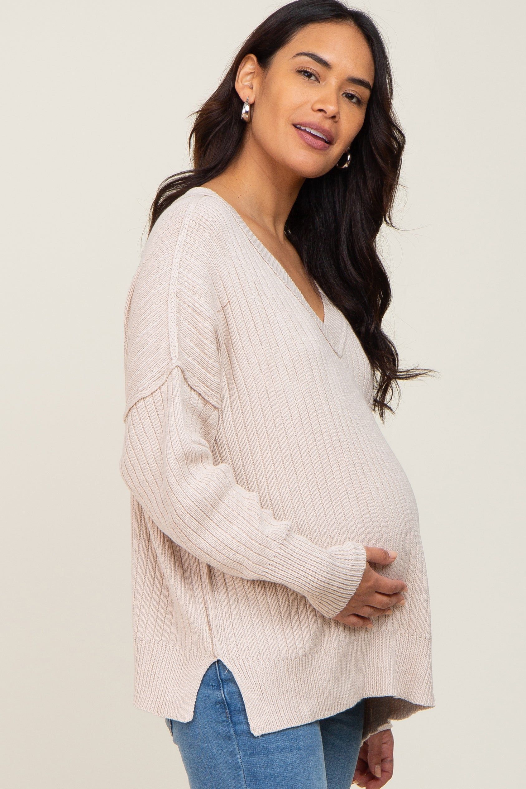 Beige V-Neck Oversized Maternity Sweater sold by Pinkblush product image thumbnail 2