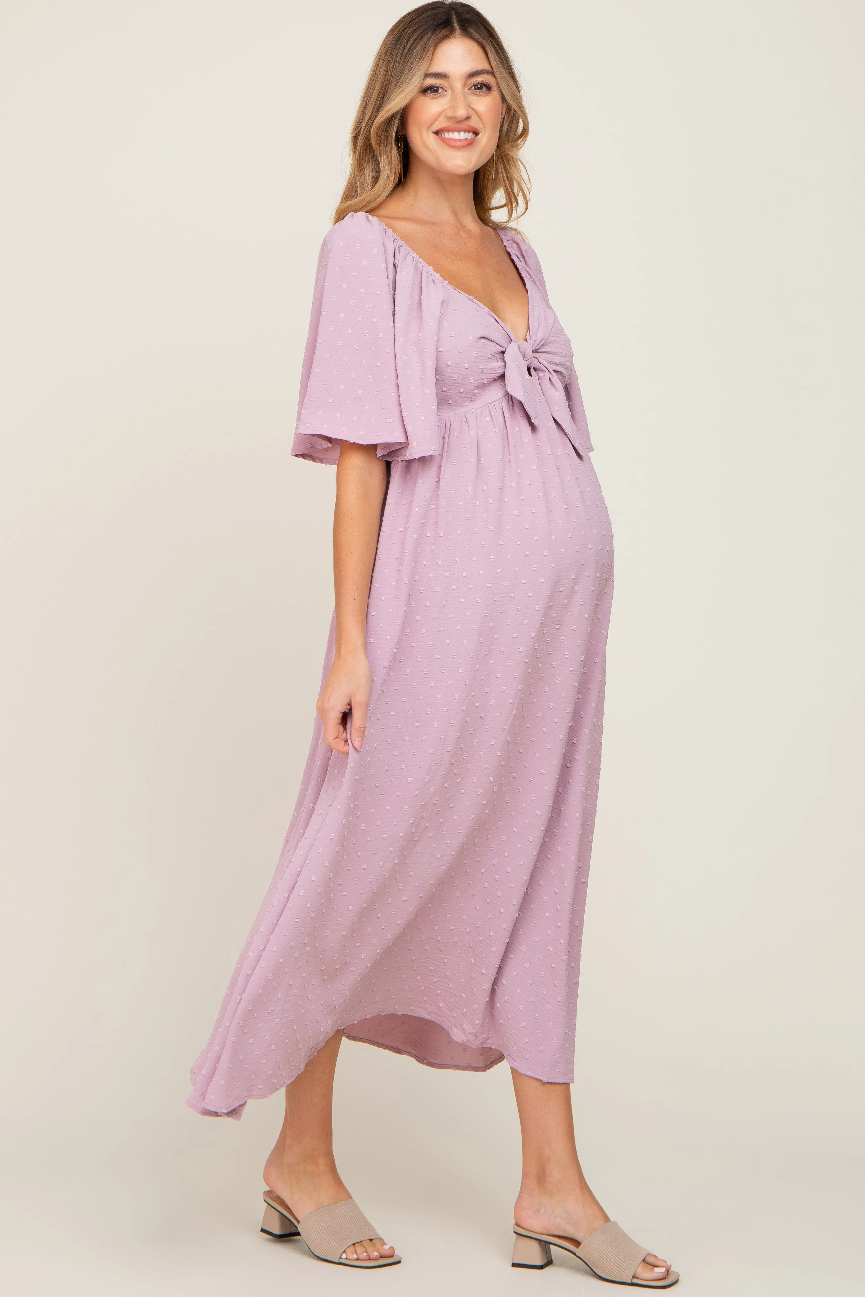 Pink Textured Dot Front Tie Ruffle Sleeve Maternity Midi Dress sold by Pinkblush product image thumbnail 2