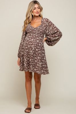 Brown Floral Long Puff Sleeve Maternity Dress sold by Pinkblush