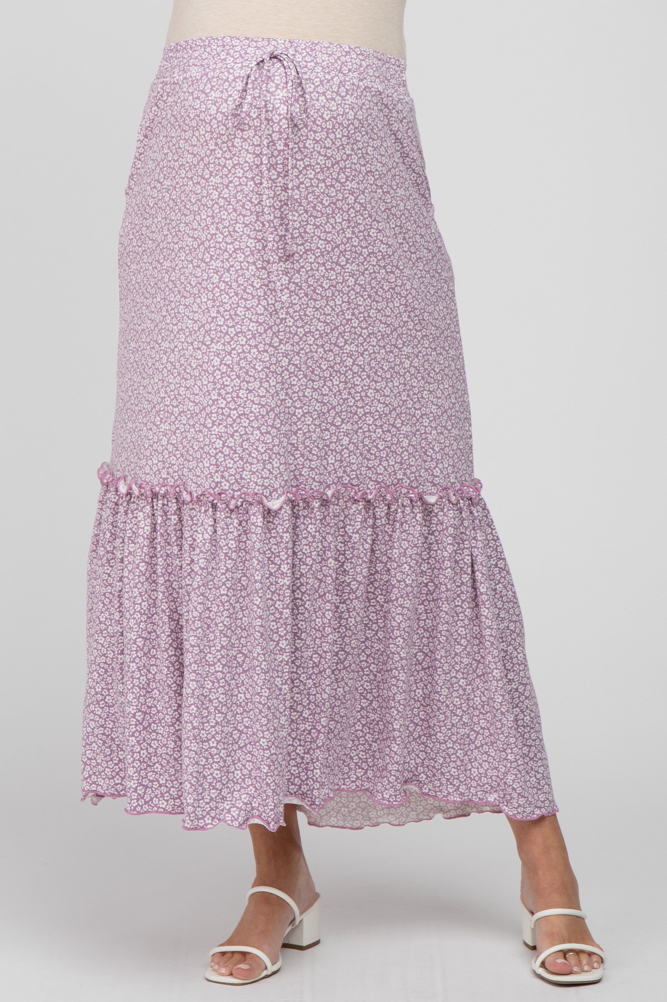 Lavender Floral Ruffle Accent Maternity Maxi Skirt sold by Pinkblush product image thumbnail 2