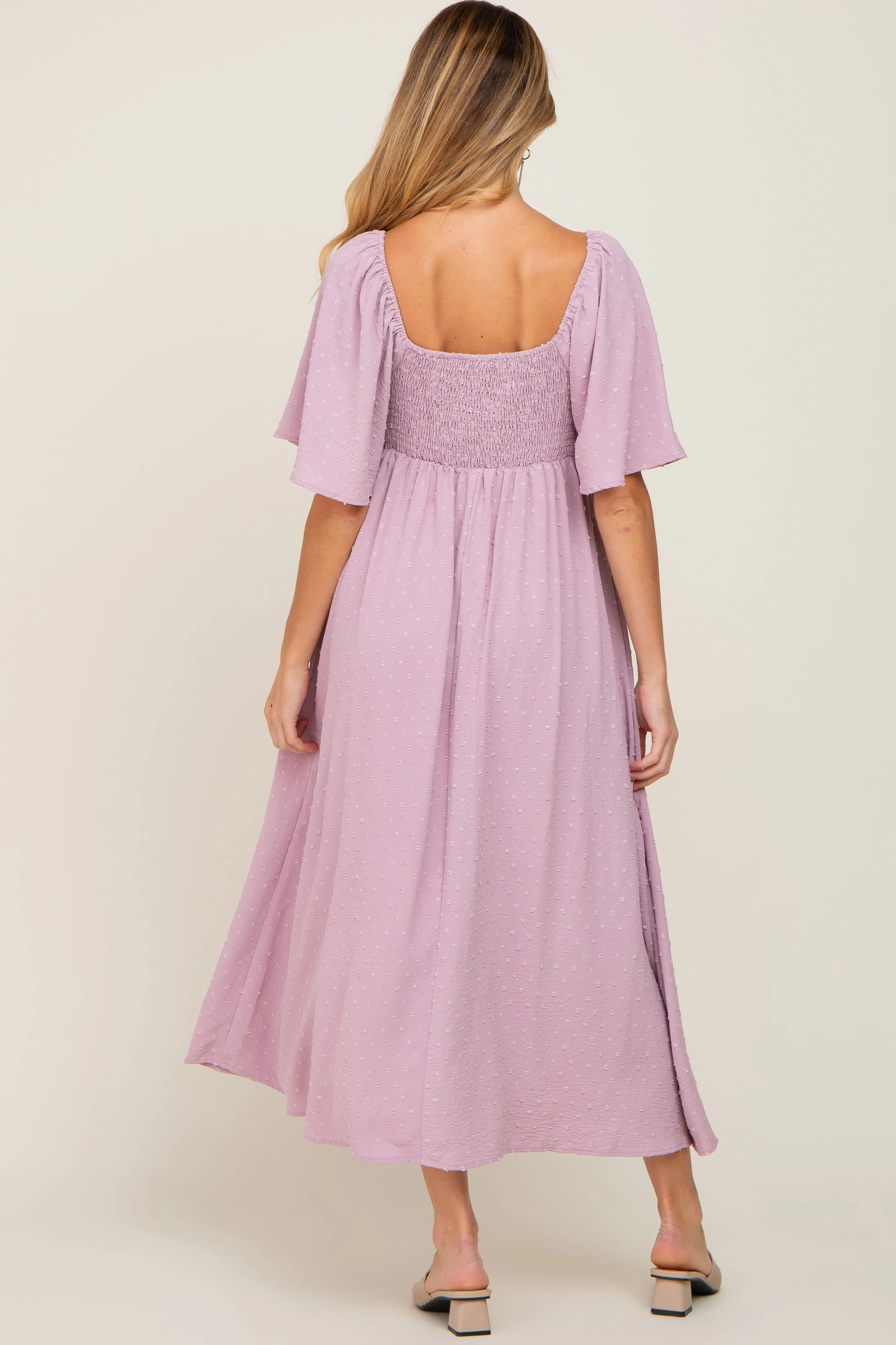 Pink Textured Dot Front Tie Ruffle Sleeve Maternity Midi Dress sold by Pinkblush product image thumbnail 3