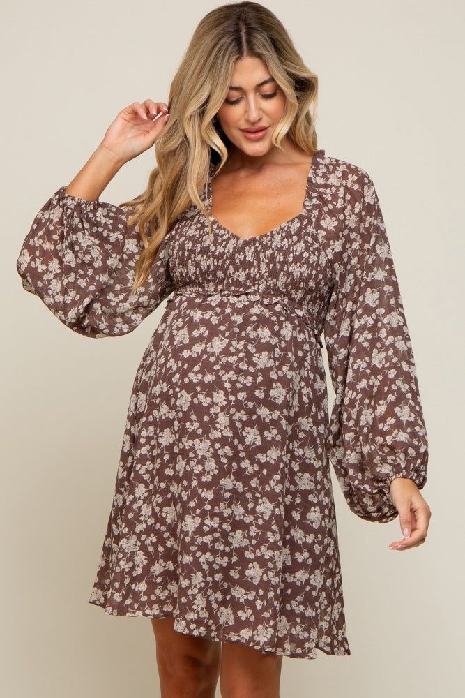 Brown Floral Long Puff Sleeve Maternity Dress sold by Pinkblush product image thumbnail 2