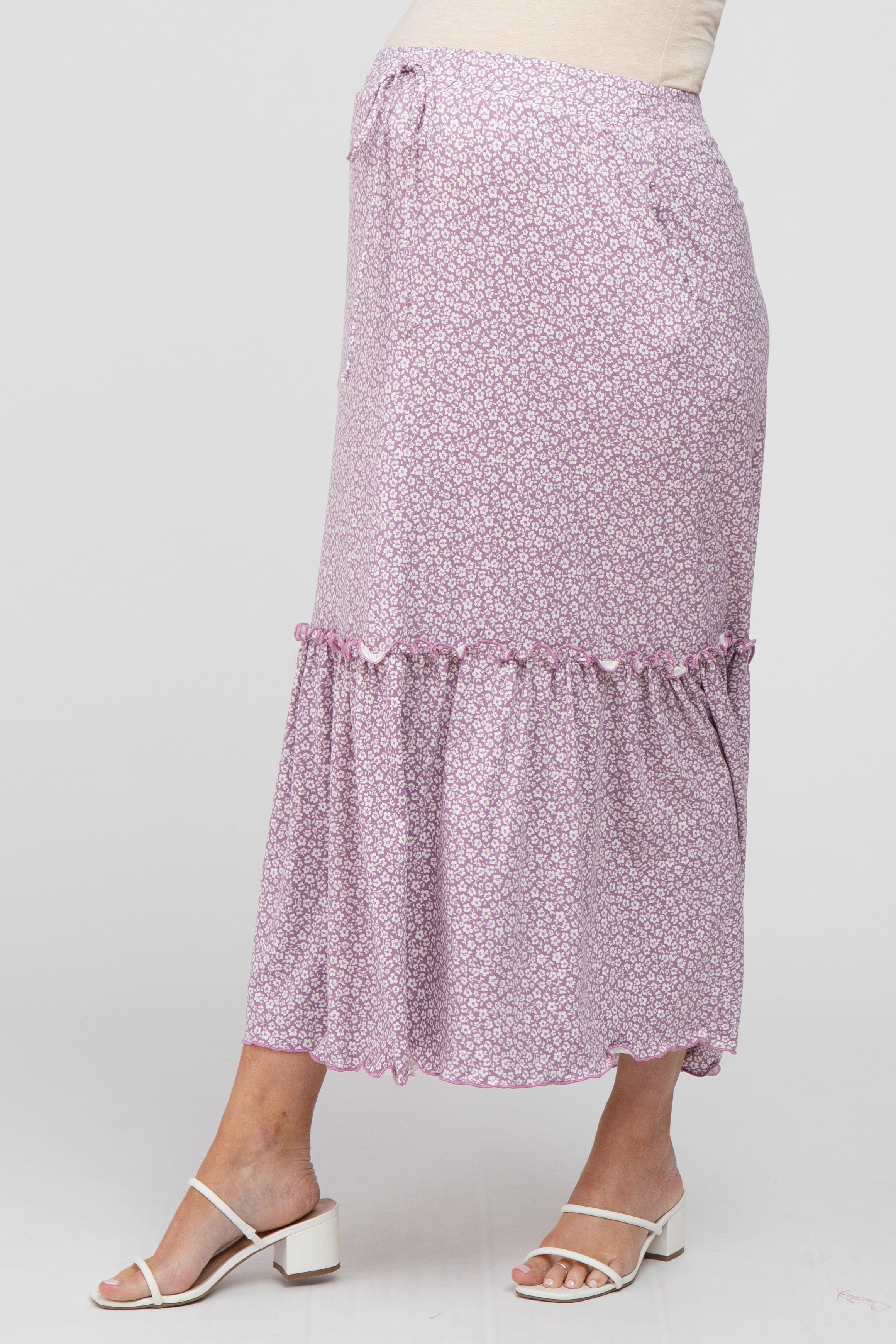 Lavender Floral Ruffle Accent Maternity Maxi Skirt sold by Pinkblush product image thumbnail 3